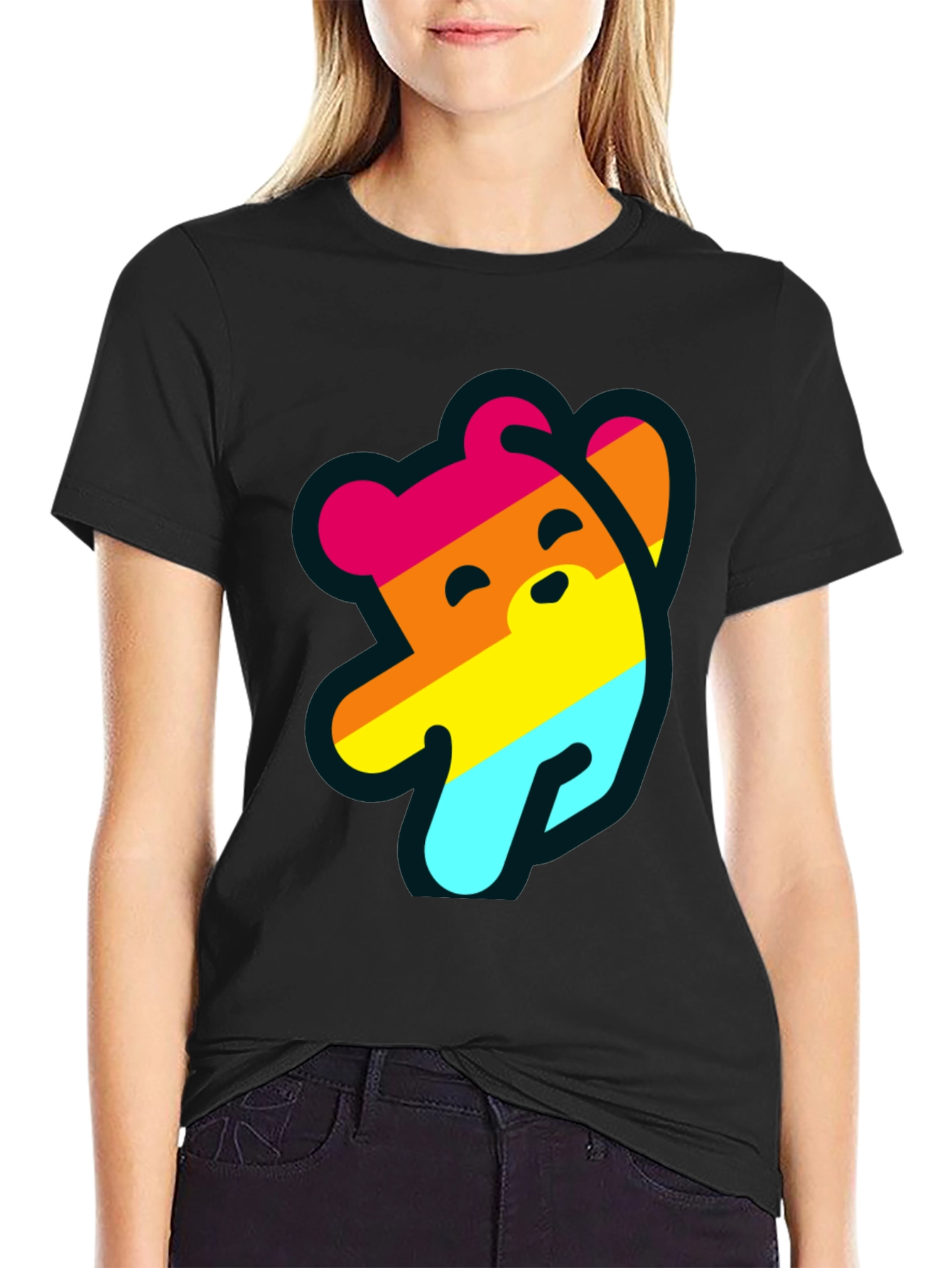 Rainbow Bear Graphic Tee - Casual Black T-Shirt