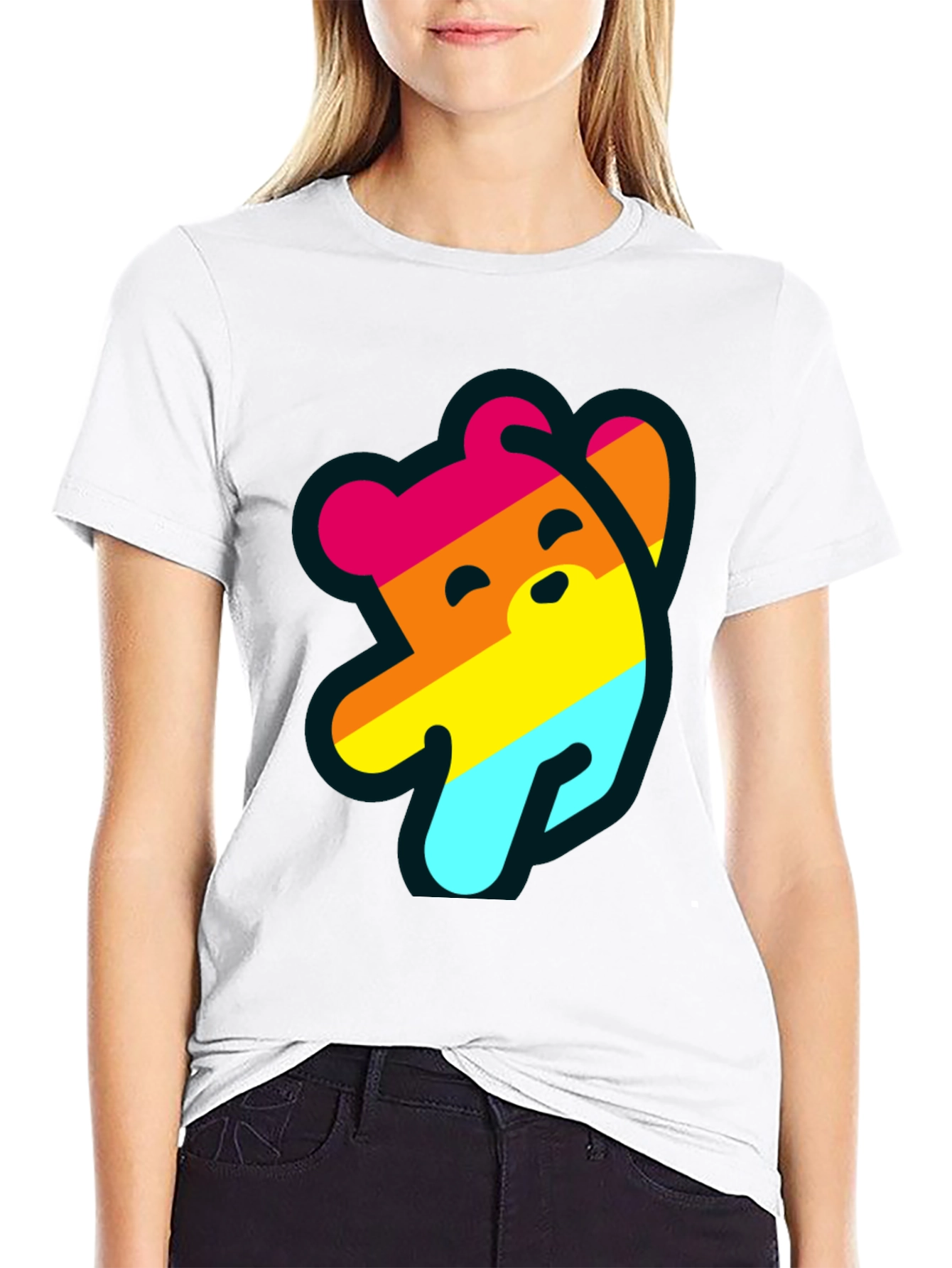 Rainbow Bear Graphic Tee - Casual Black T-Shirt
