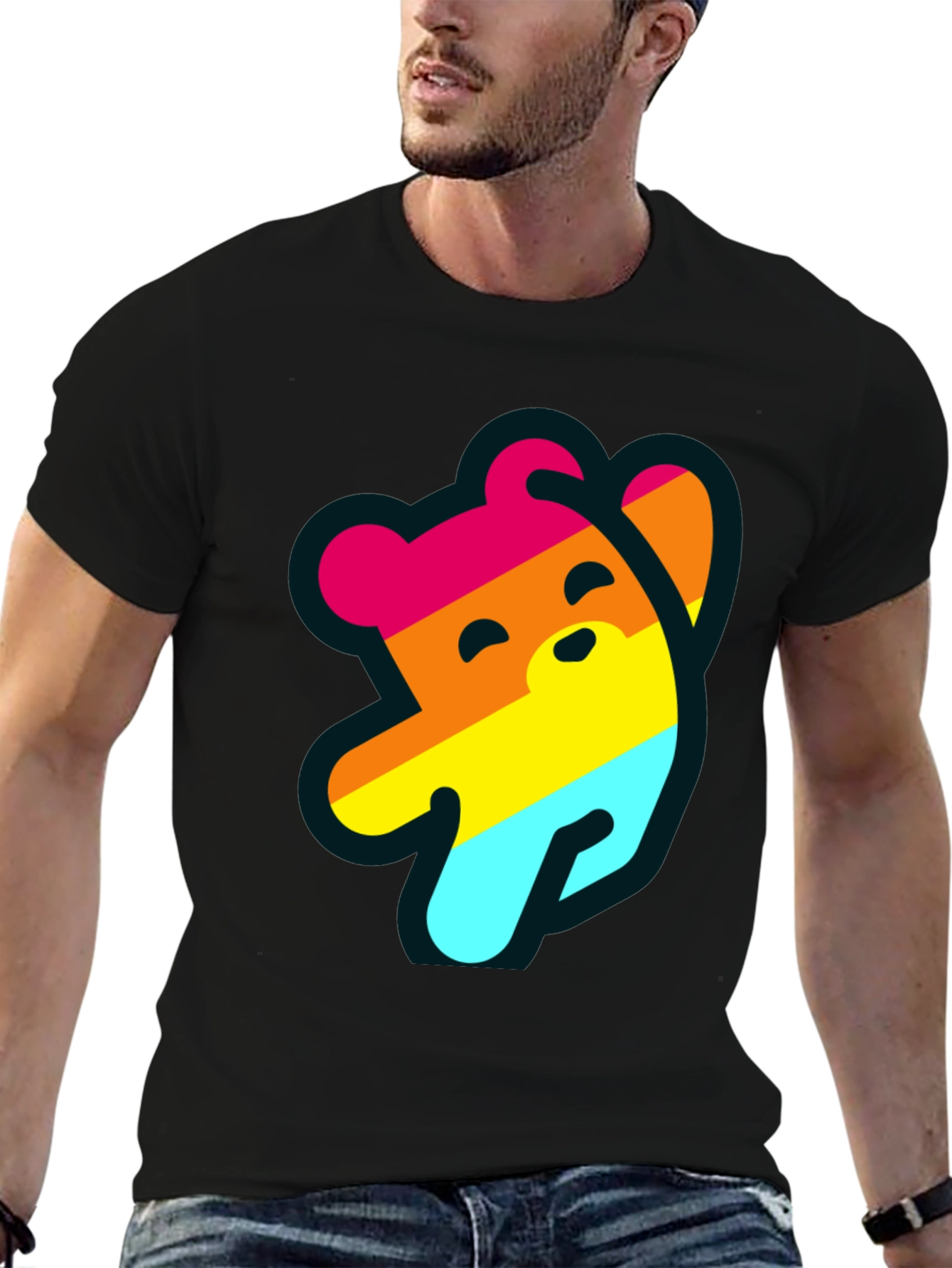 Rainbow Bear Graphic Tee - Casual Black T-Shirt