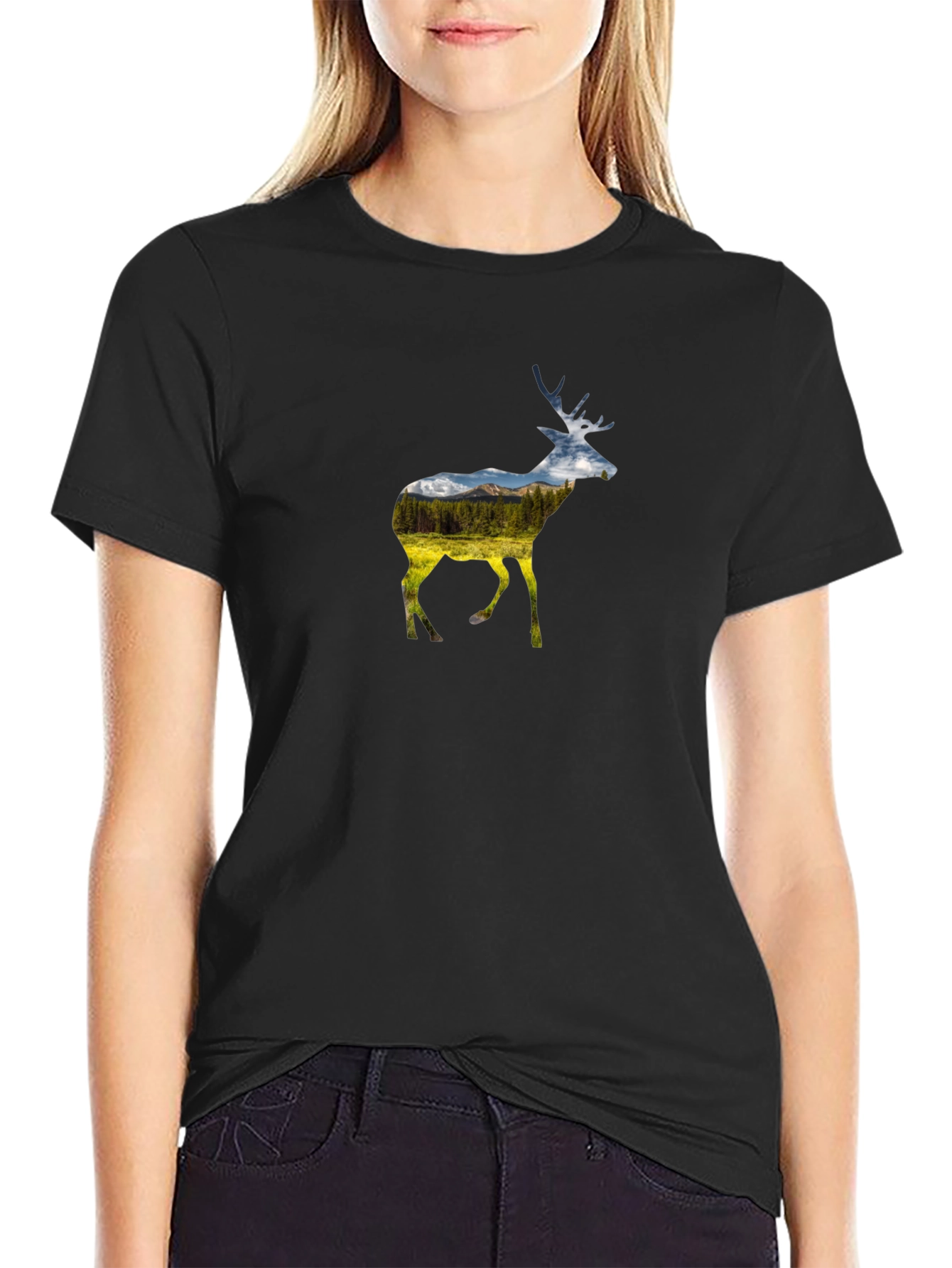 Nature Deer Graphic Black Tee