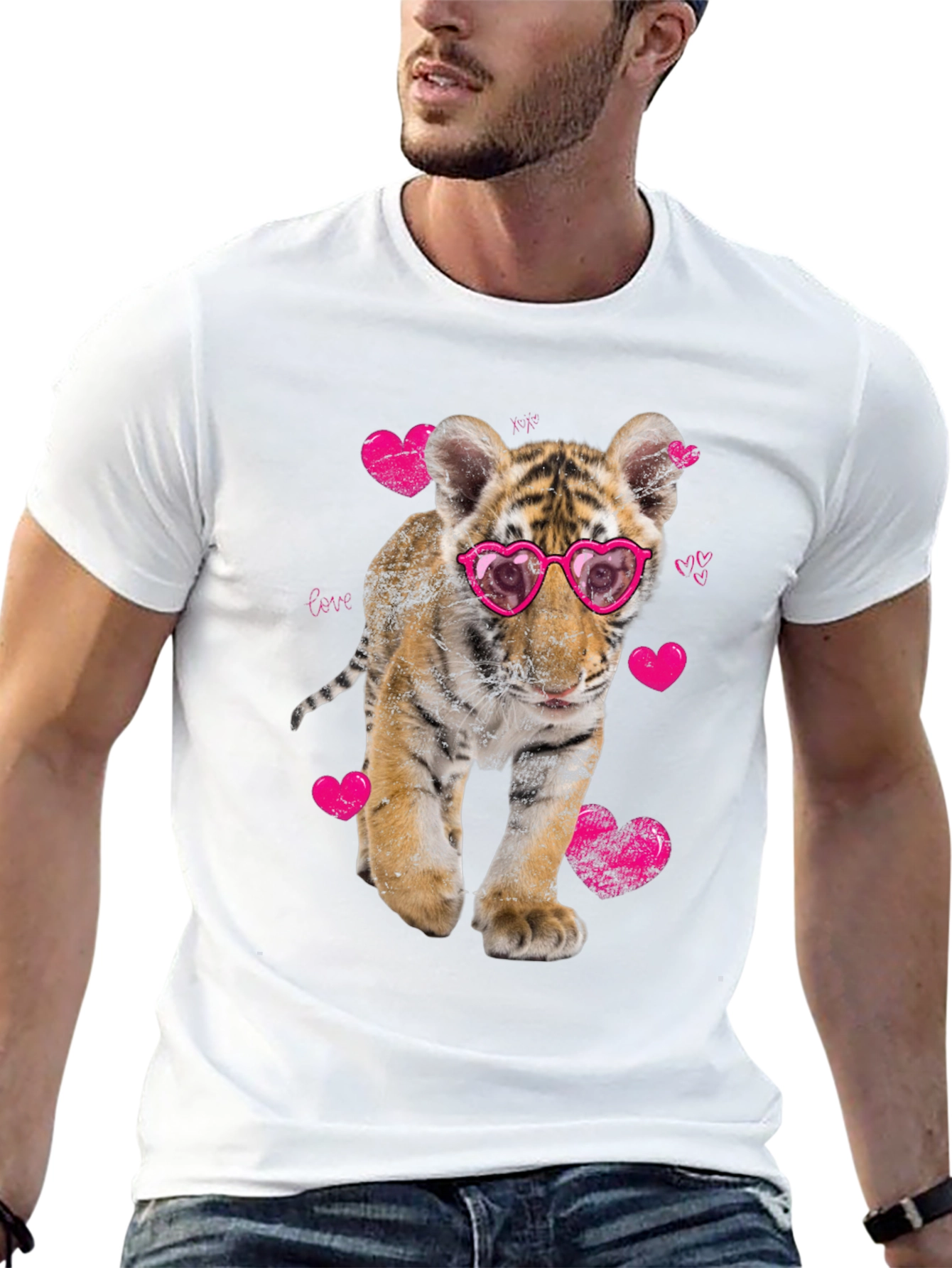 Cute Tiger Cub in Heart Glasses Graphic T-Shirt
