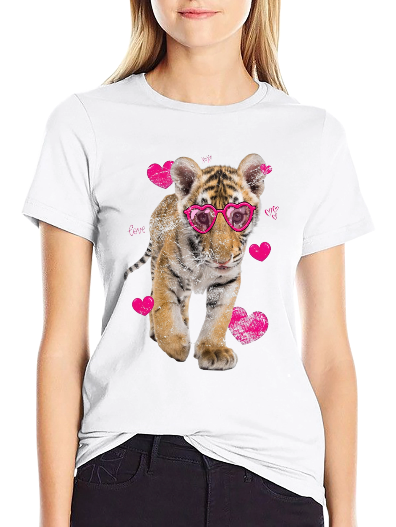Cute Tiger Cub in Heart Glasses Graphic T-Shirt