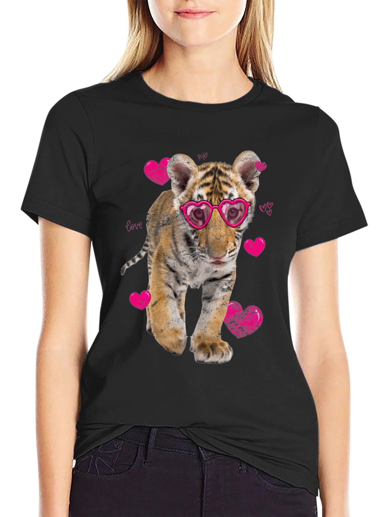 Cute Tiger Cub in Heart Glasses Graphic T-Shirt