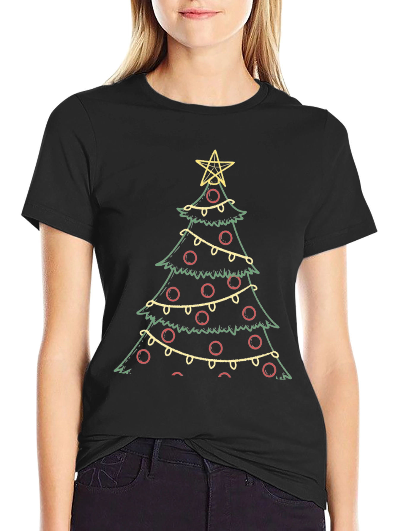 Festive Christmas Tree Graphic Tee - Black