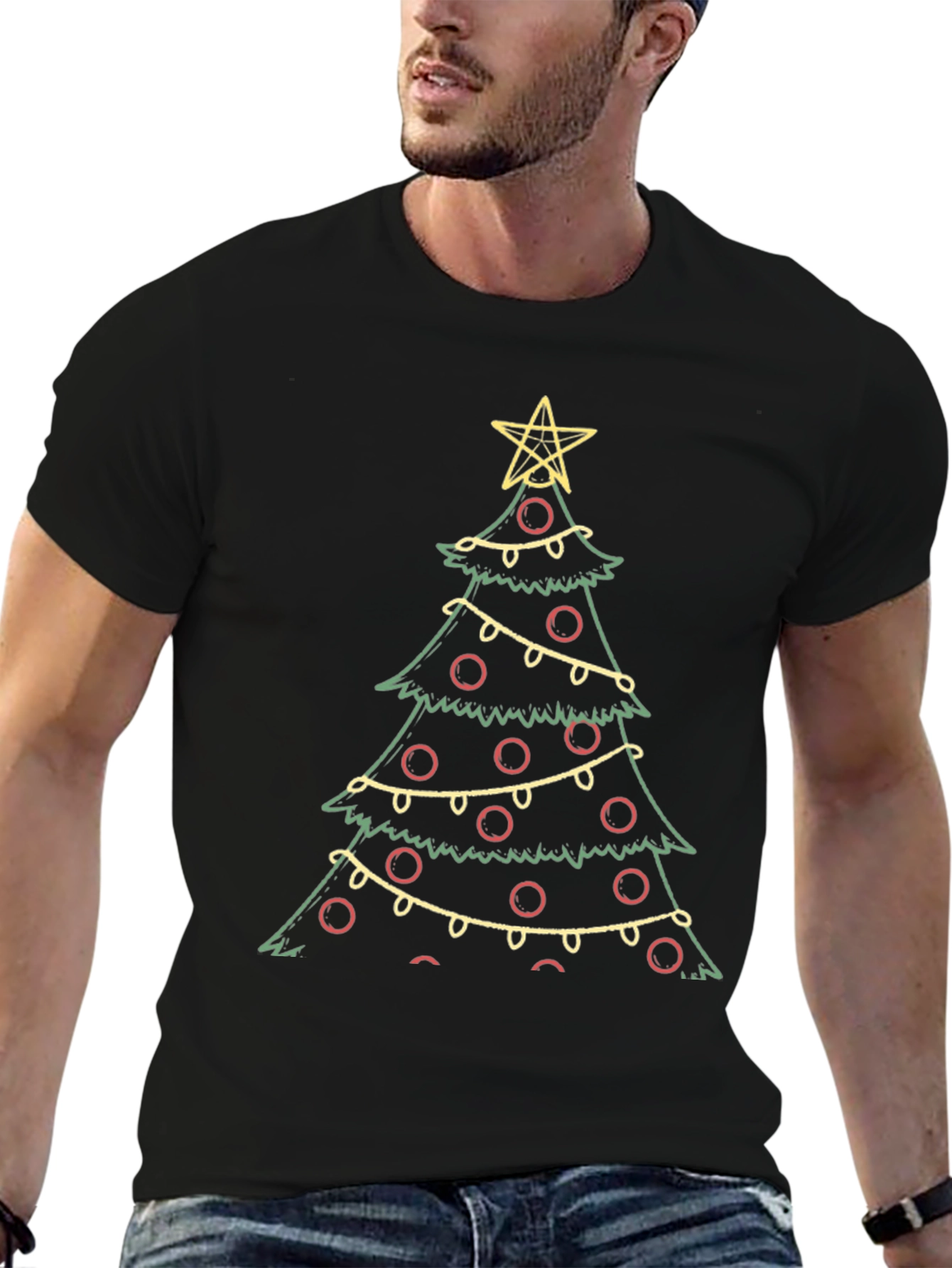 Festive Christmas Tree Graphic Tee - Black
