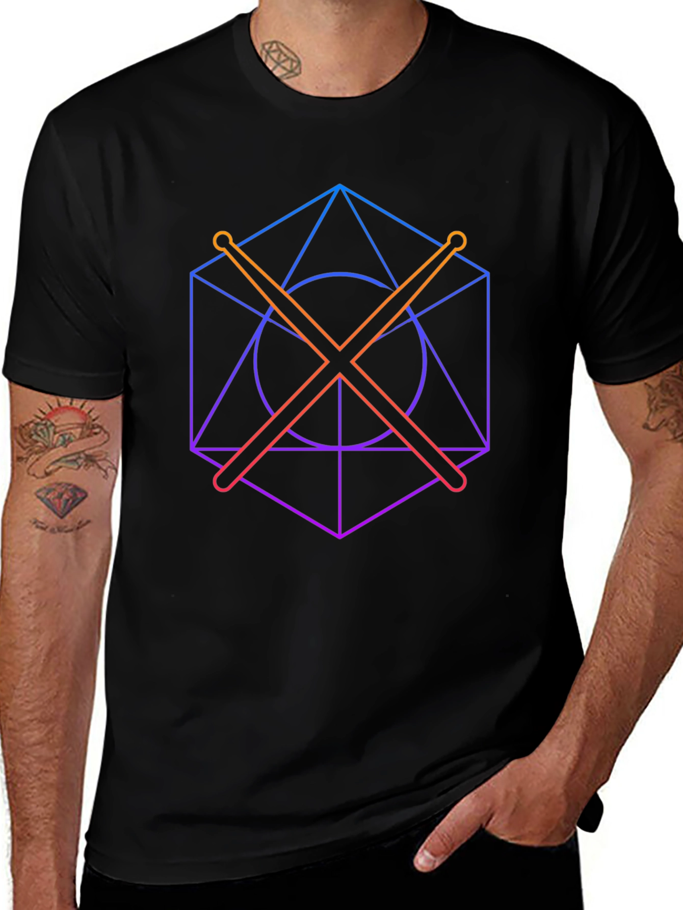 Geometric Drum Sticks Graphic Tee - Modern Musician Style