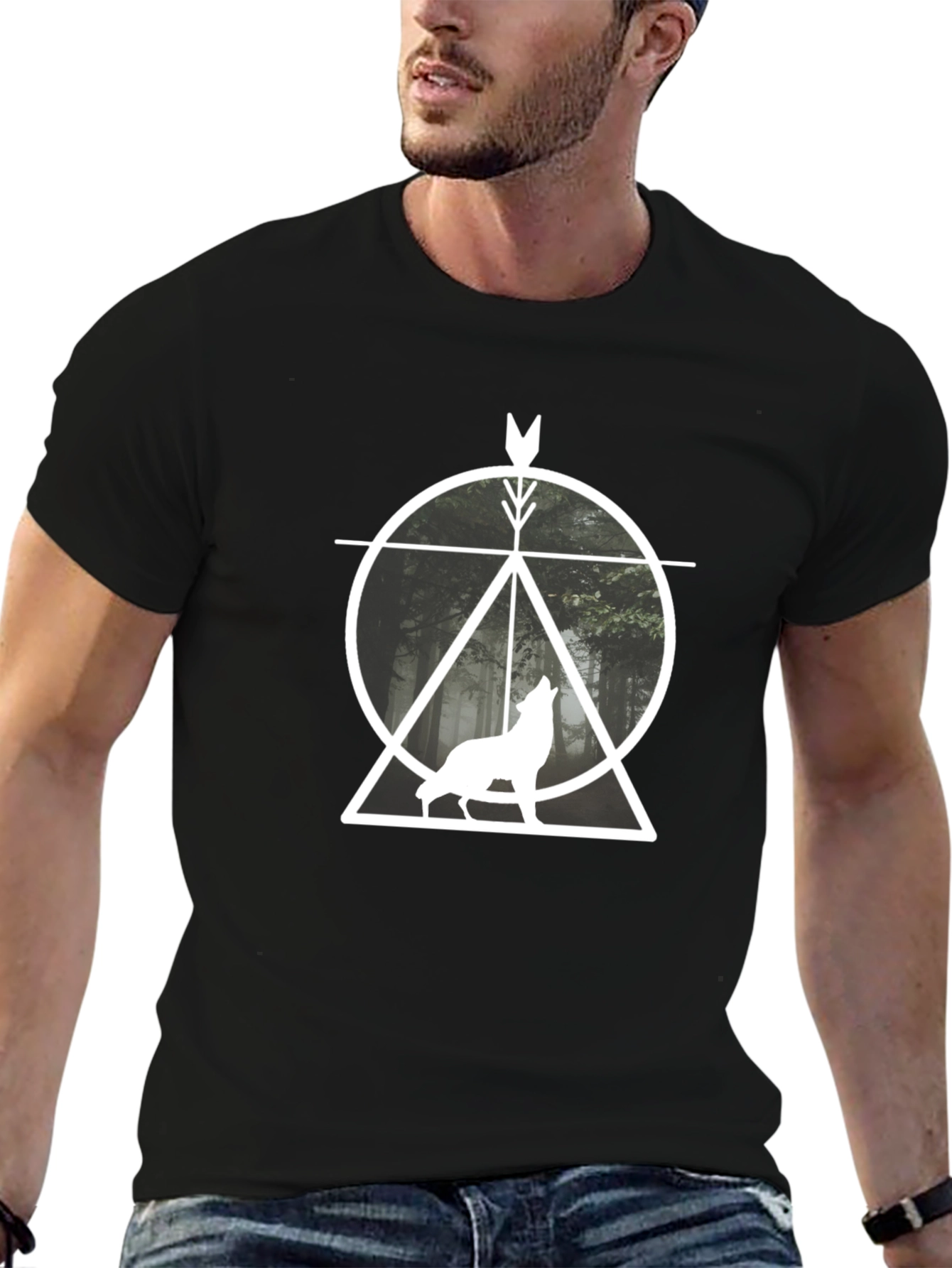 Geometric Wolf Graphic T-Shirt - Black
