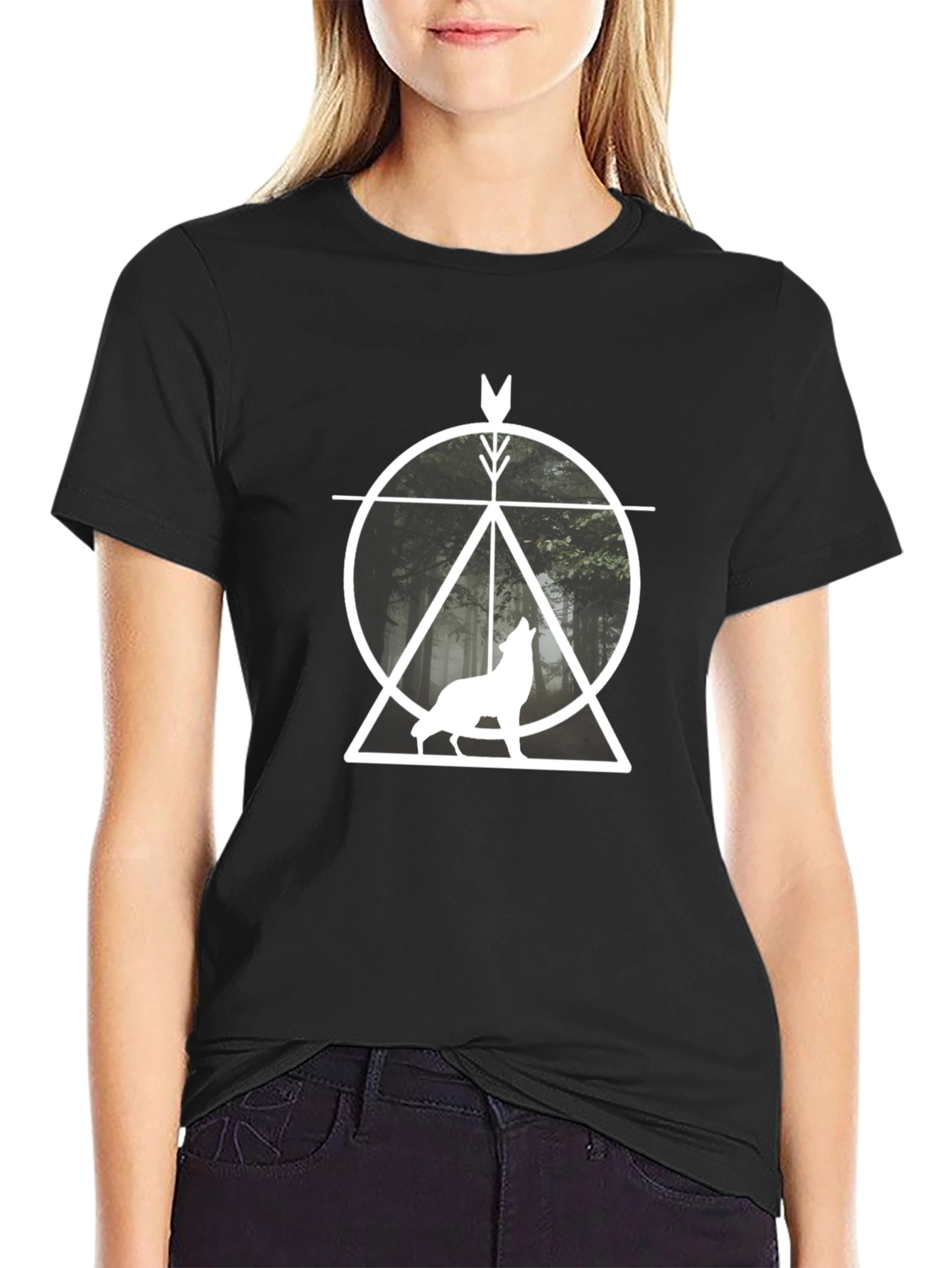Geometric Wolf Graphic T-Shirt - Black