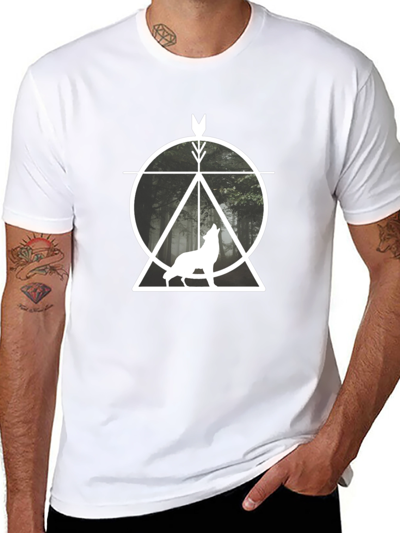 Geometric Wolf Graphic T-Shirt - Black