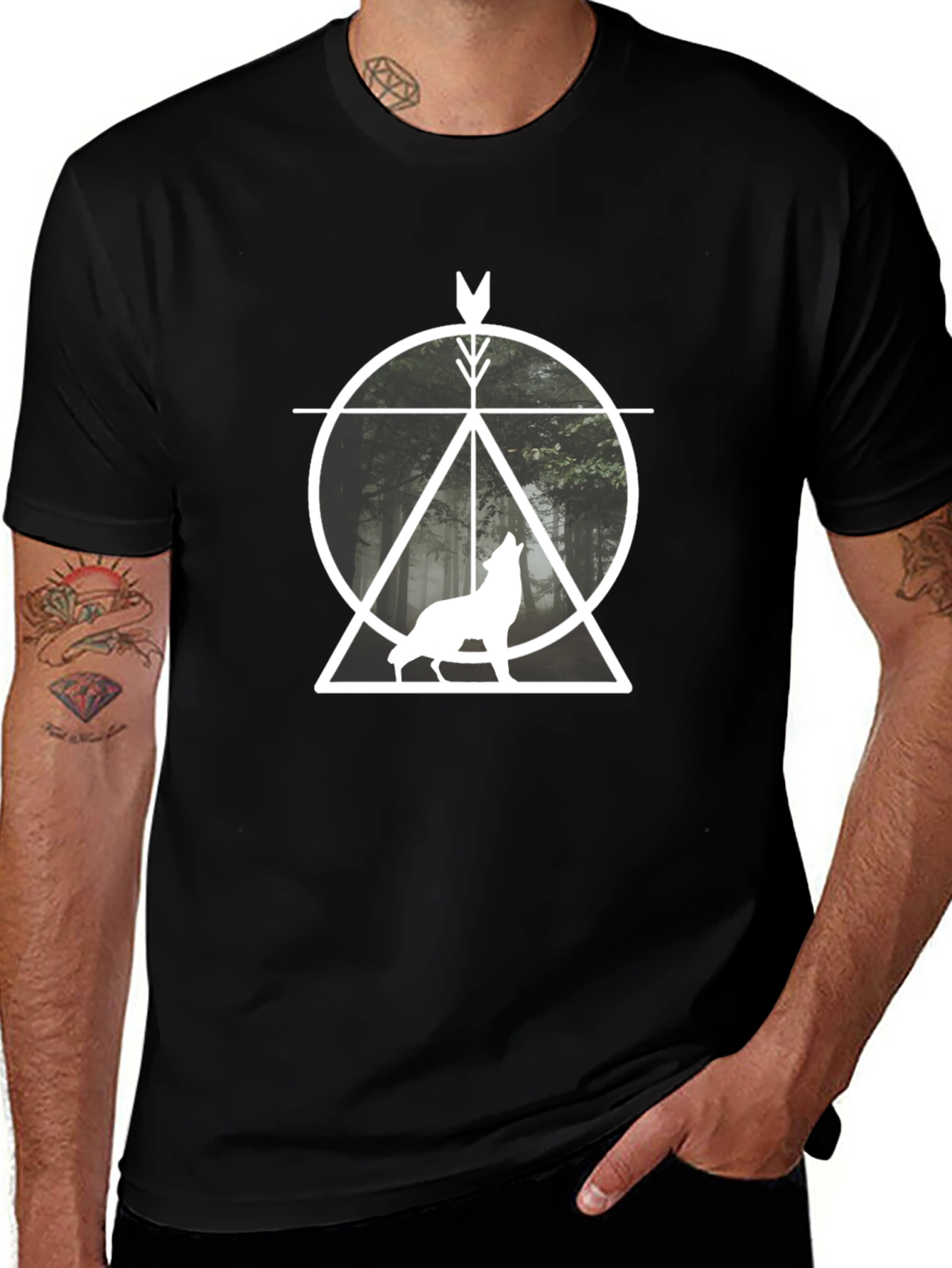 Geometric Wolf Graphic T-Shirt - Black