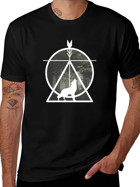 Geometric Wolf Graphic T-Shirt - Black