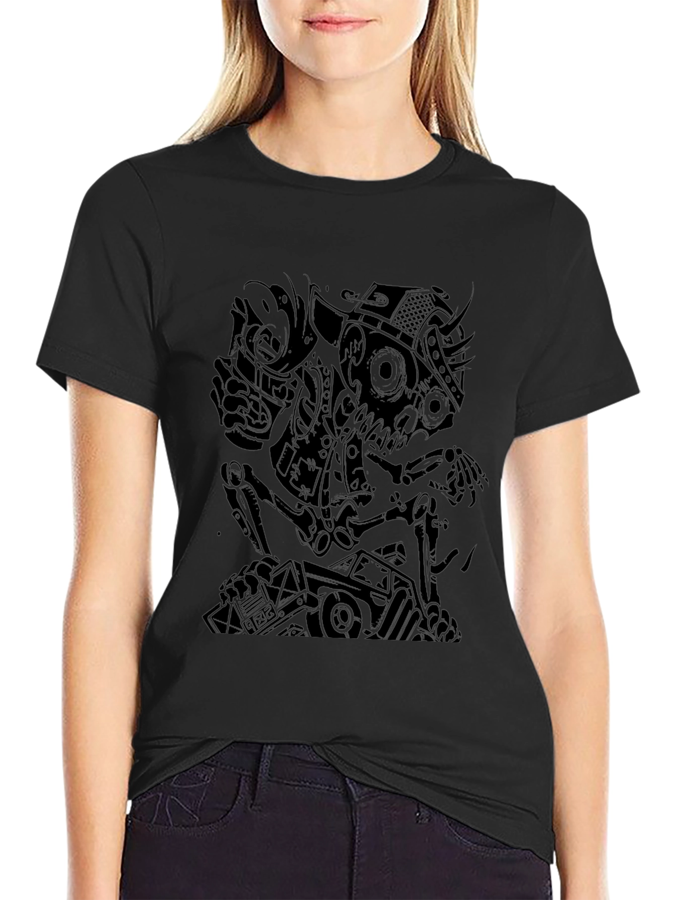Edgy Black Graphic Tee - Skull & Robot Design