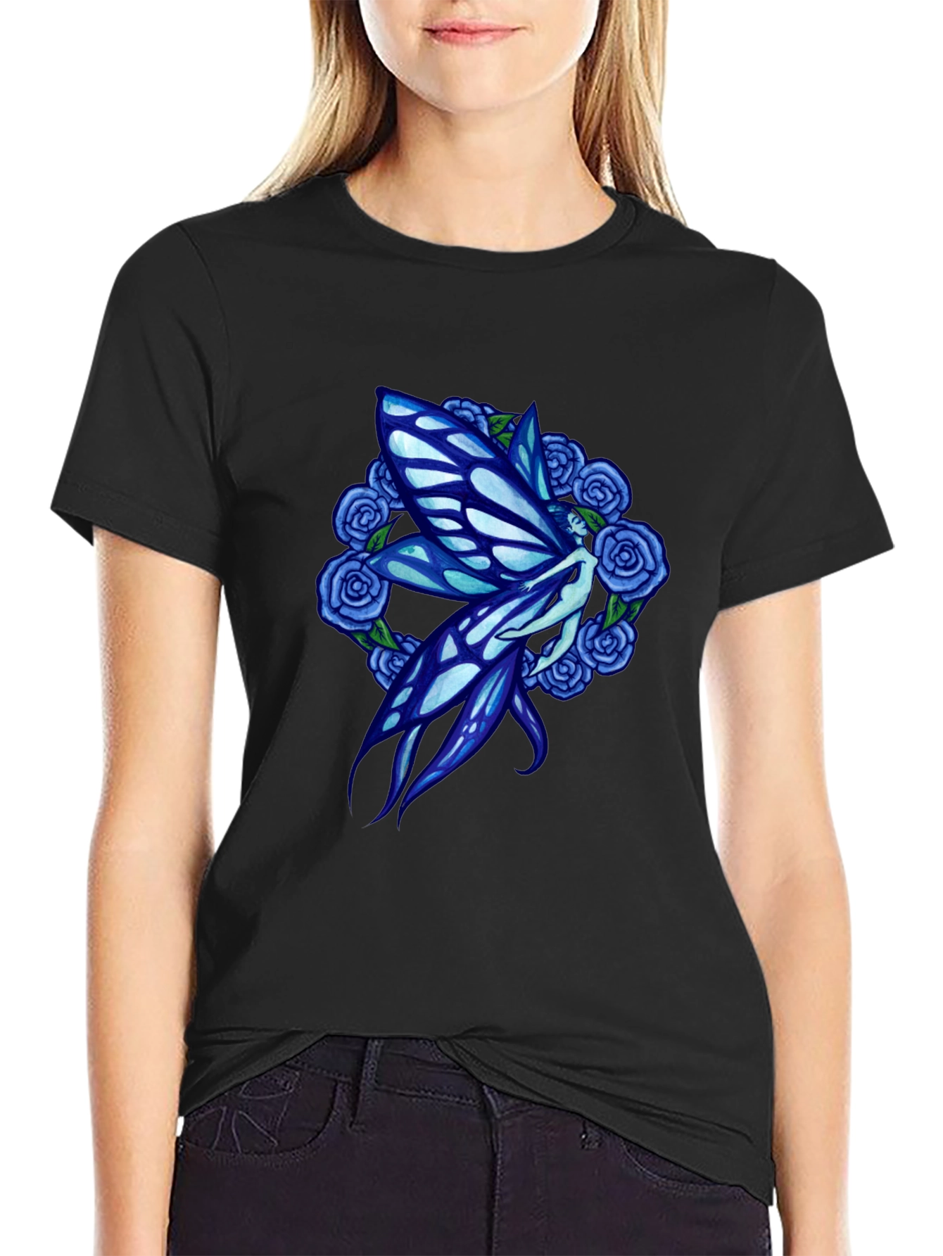 Fairy and Rose Graphic Black T-Shirt