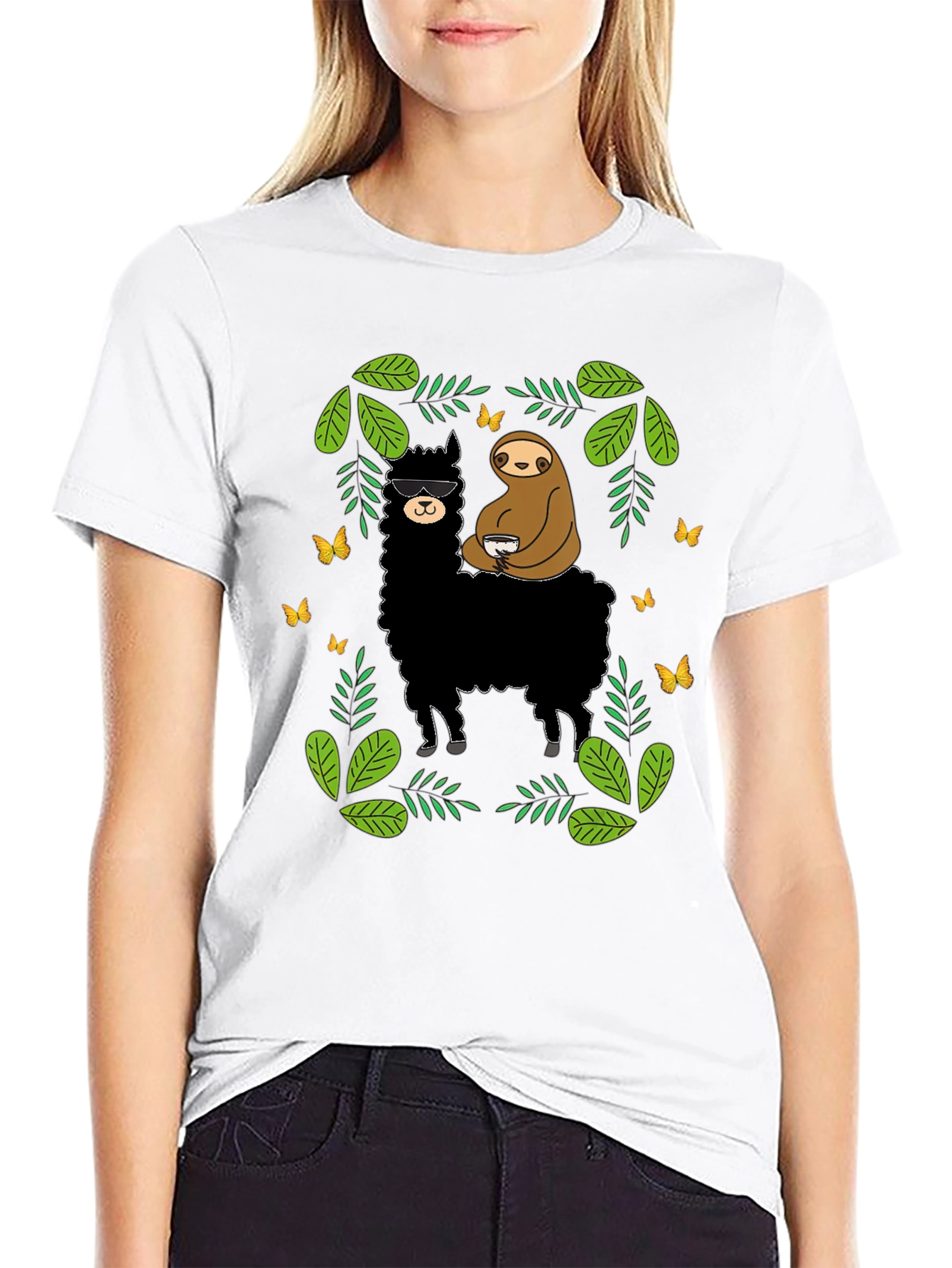 Llama & Sloth Graphic Tee - Black Cotton