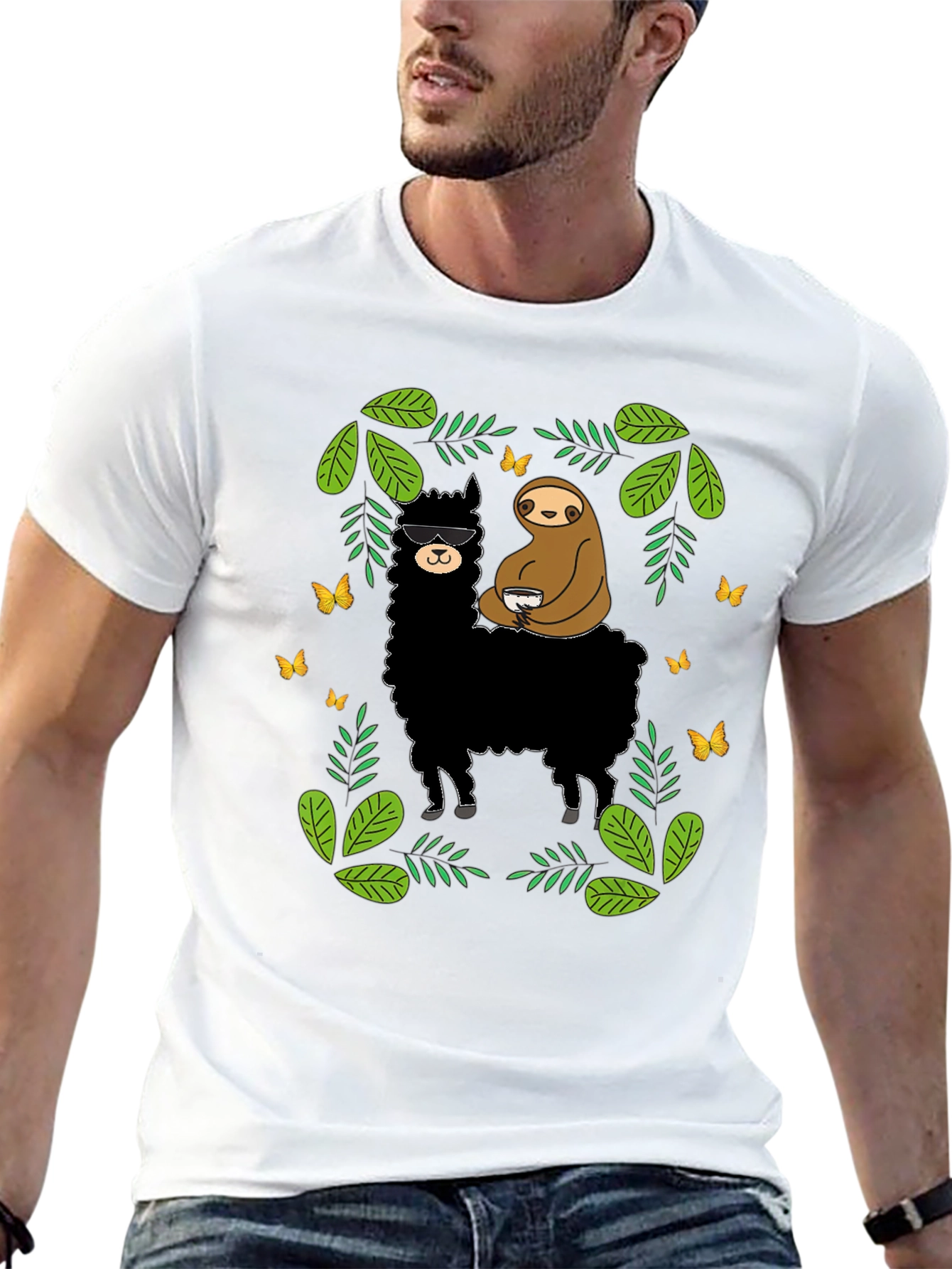 Llama & Sloth Graphic Tee - Black Cotton