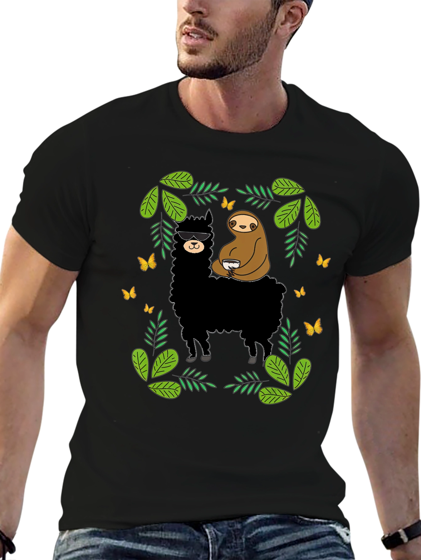 Llama & Sloth Graphic Tee - Black Cotton