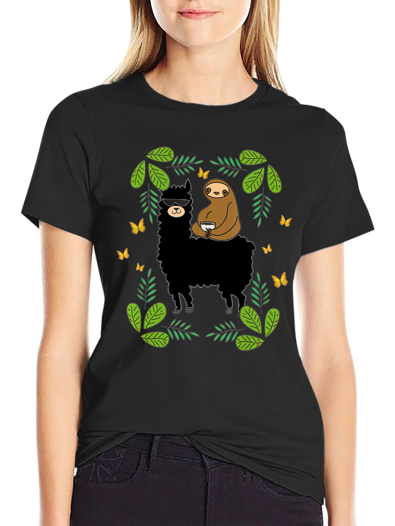 Llama & Sloth Graphic Tee - Black Cotton