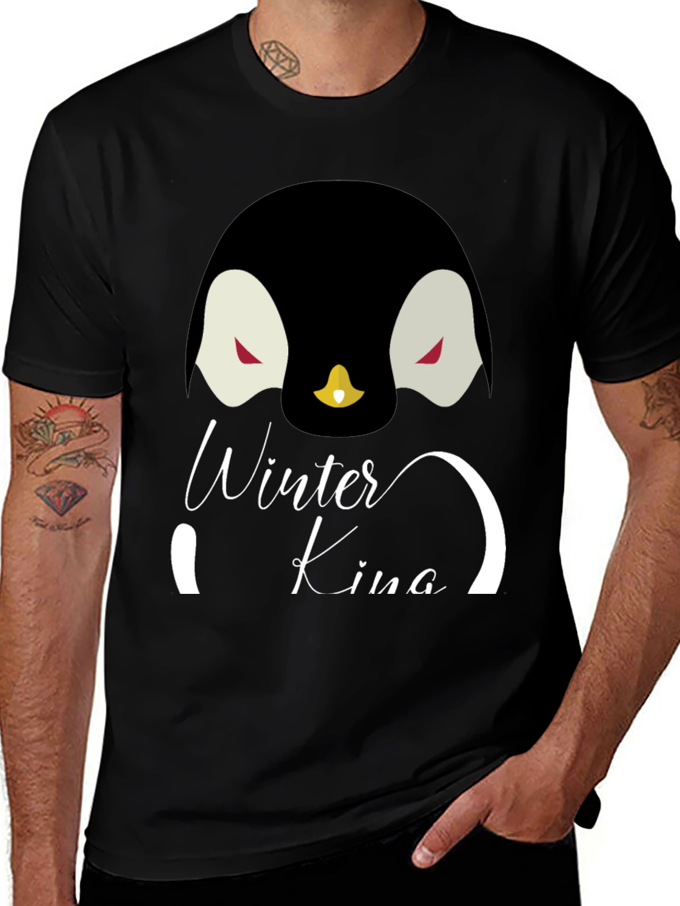 Winter King Penguin Graphic Tee - Cool Black T-Shirt