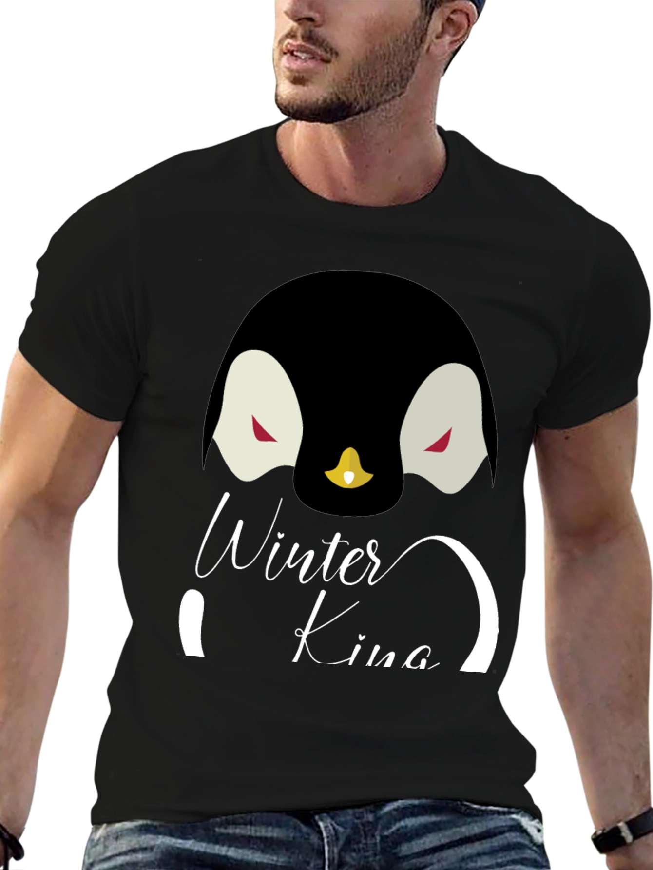 Winter King Penguin Graphic Tee - Cool Black T-Shirt