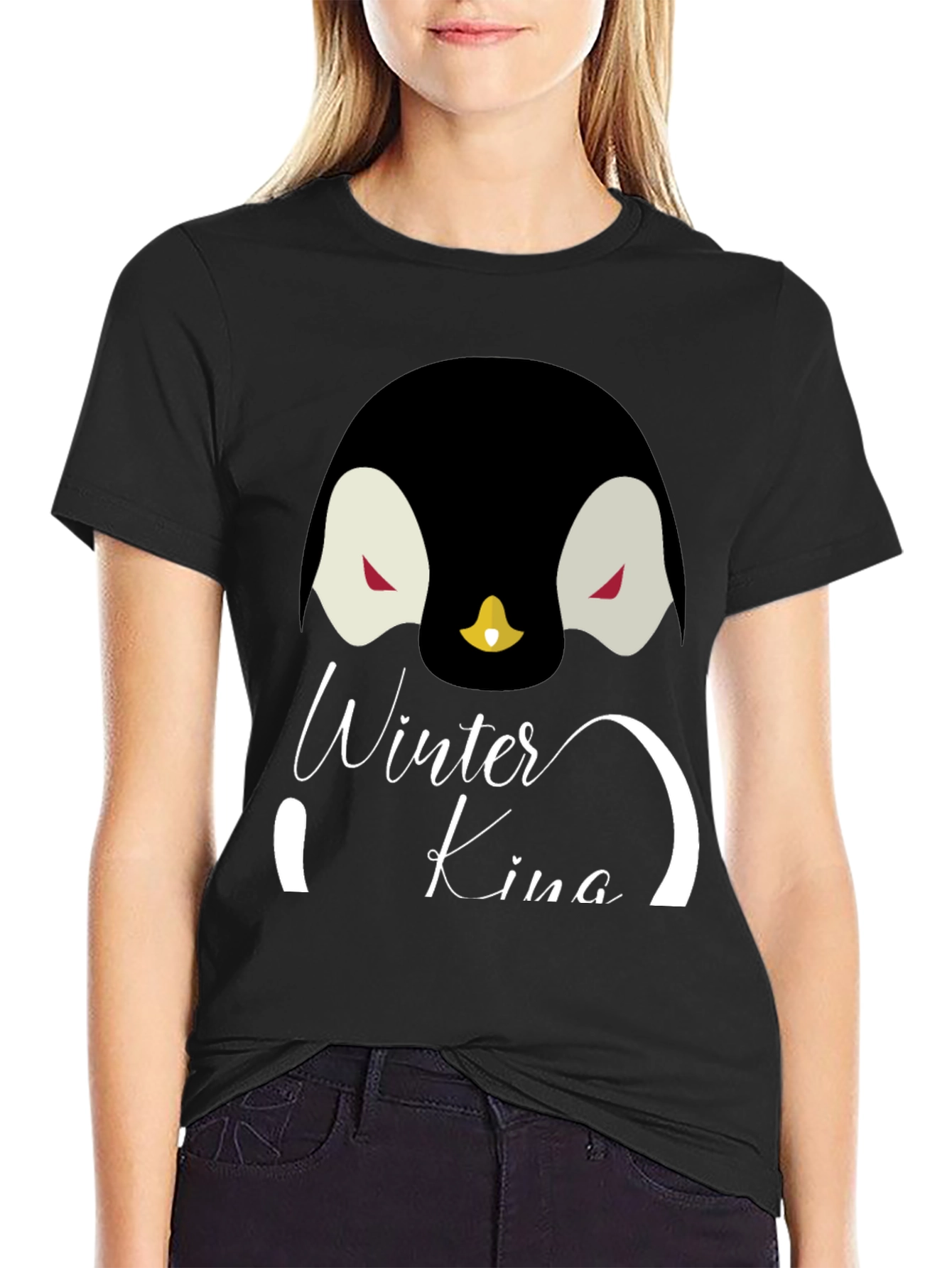Winter King Penguin Graphic Tee - Cool Black T-Shirt