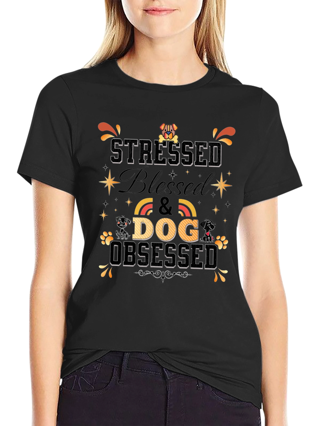Stressed Blessed Dog Obsessed Black T-Shirt