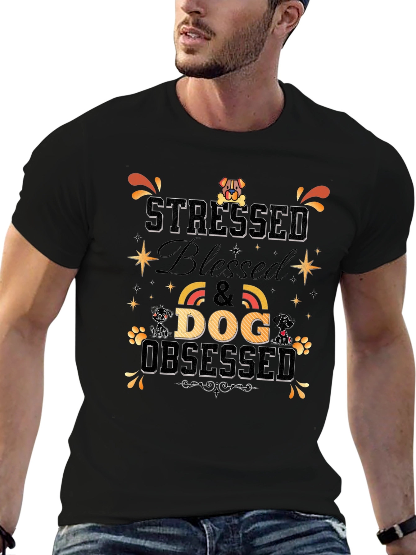 Stressed Blessed Dog Obsessed Black T-Shirt