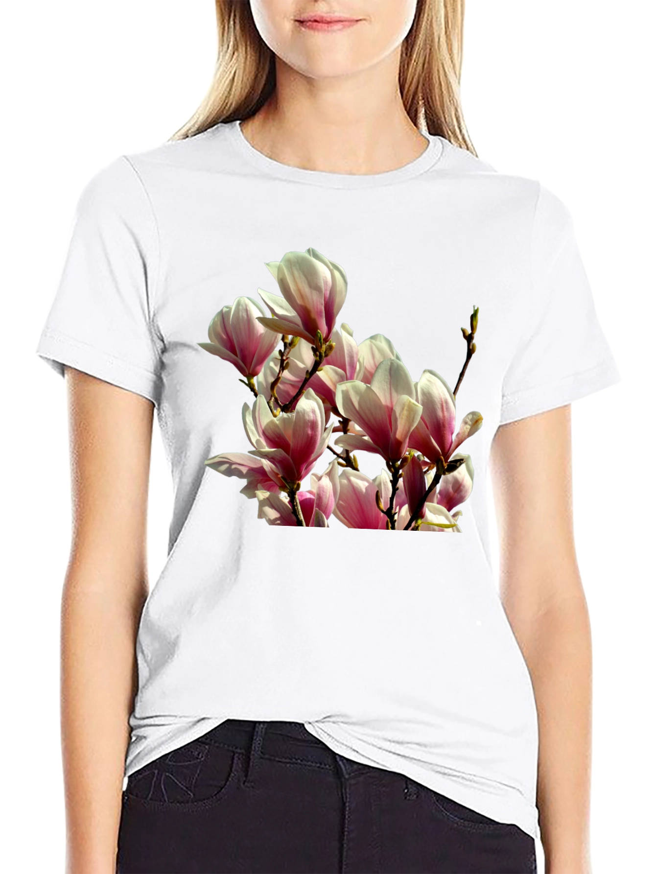 Floral Magnolia Graphic Tee - Black Cotton T-Shirt
