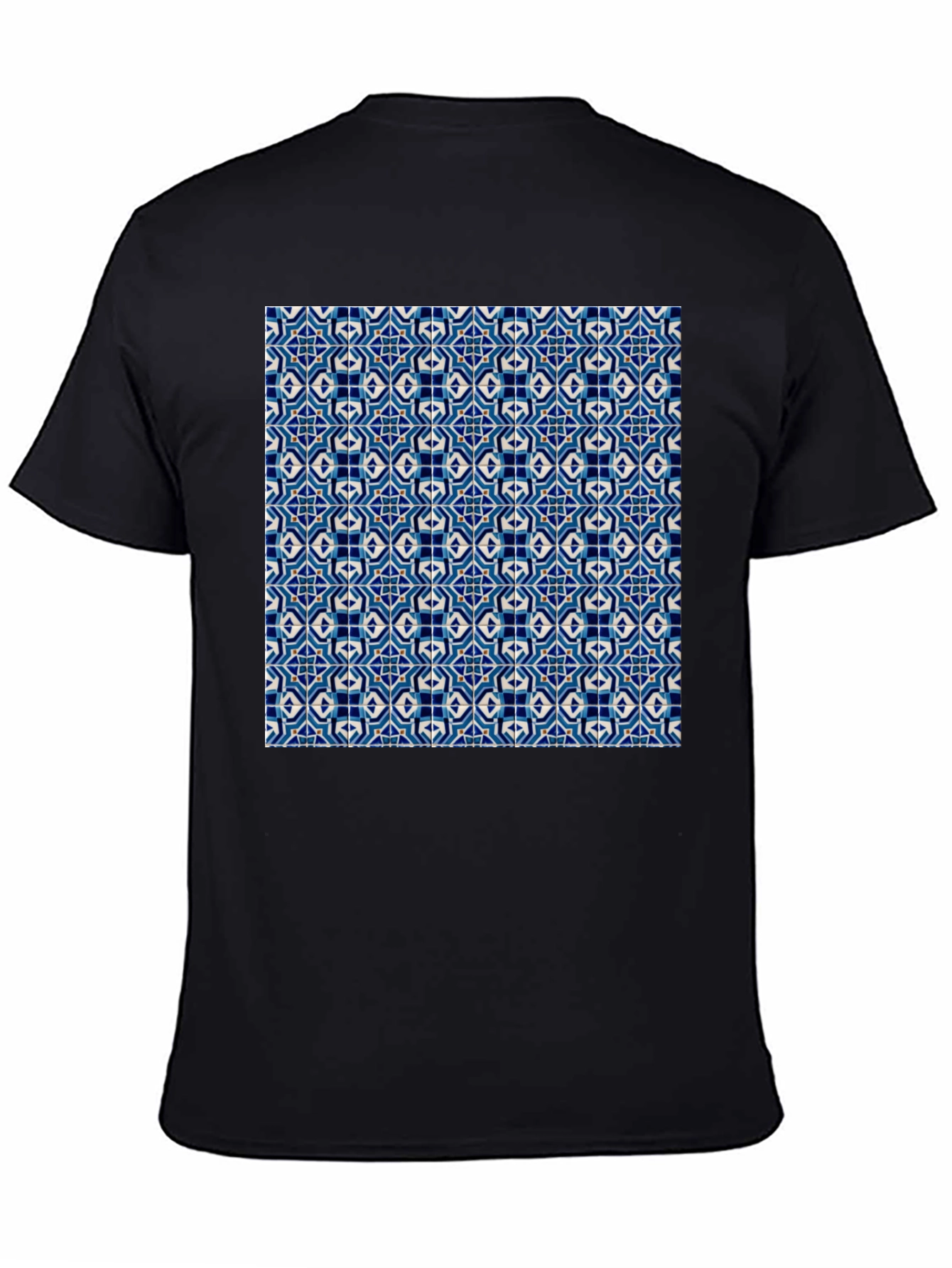 Blue Tile Pattern Black T-Shirt