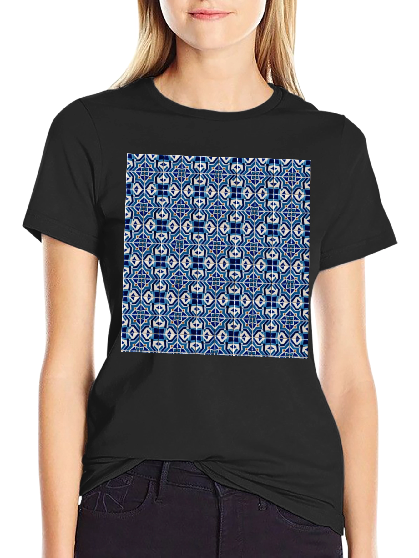 Blue Tile Pattern Black T-Shirt