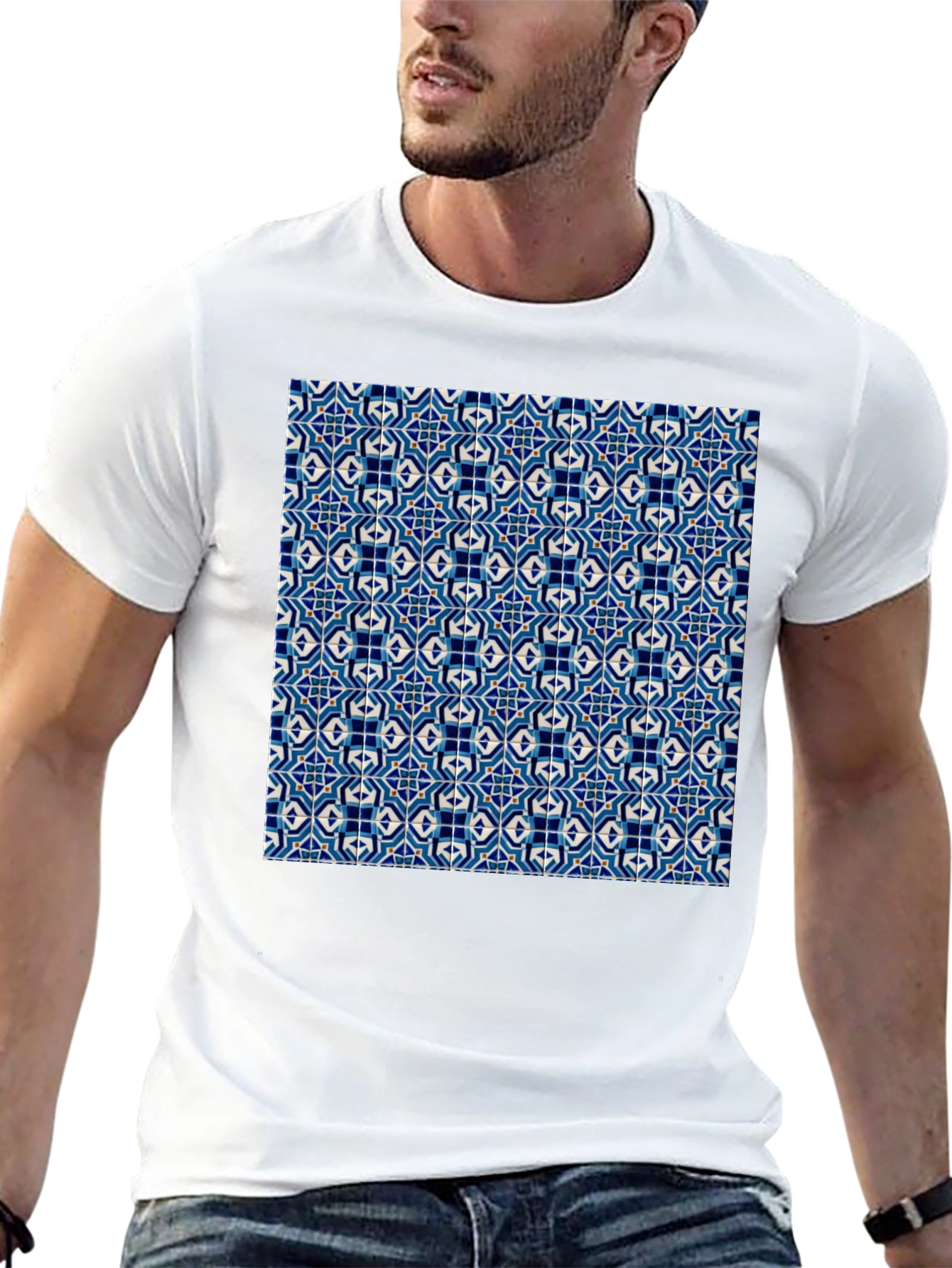 Blue Tile Pattern Black T-Shirt