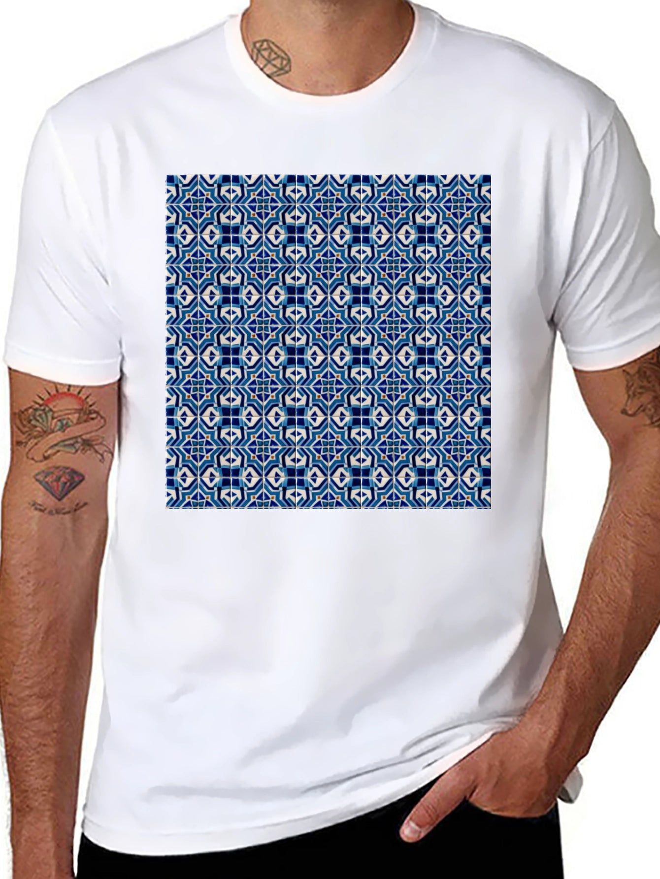 Blue Tile Pattern Black T-Shirt