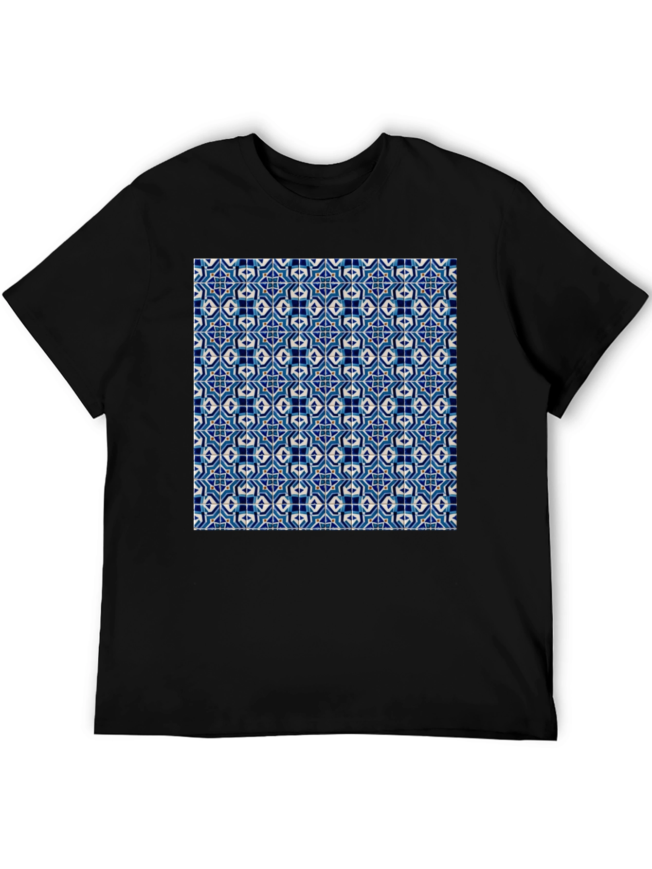 Blue Tile Pattern Black T-Shirt