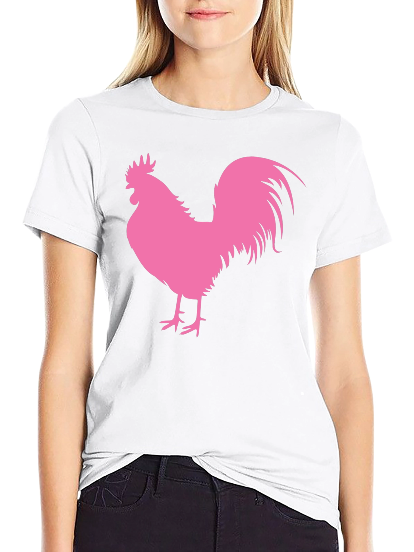 Black T-Shirt with Pink Rooster Graphic