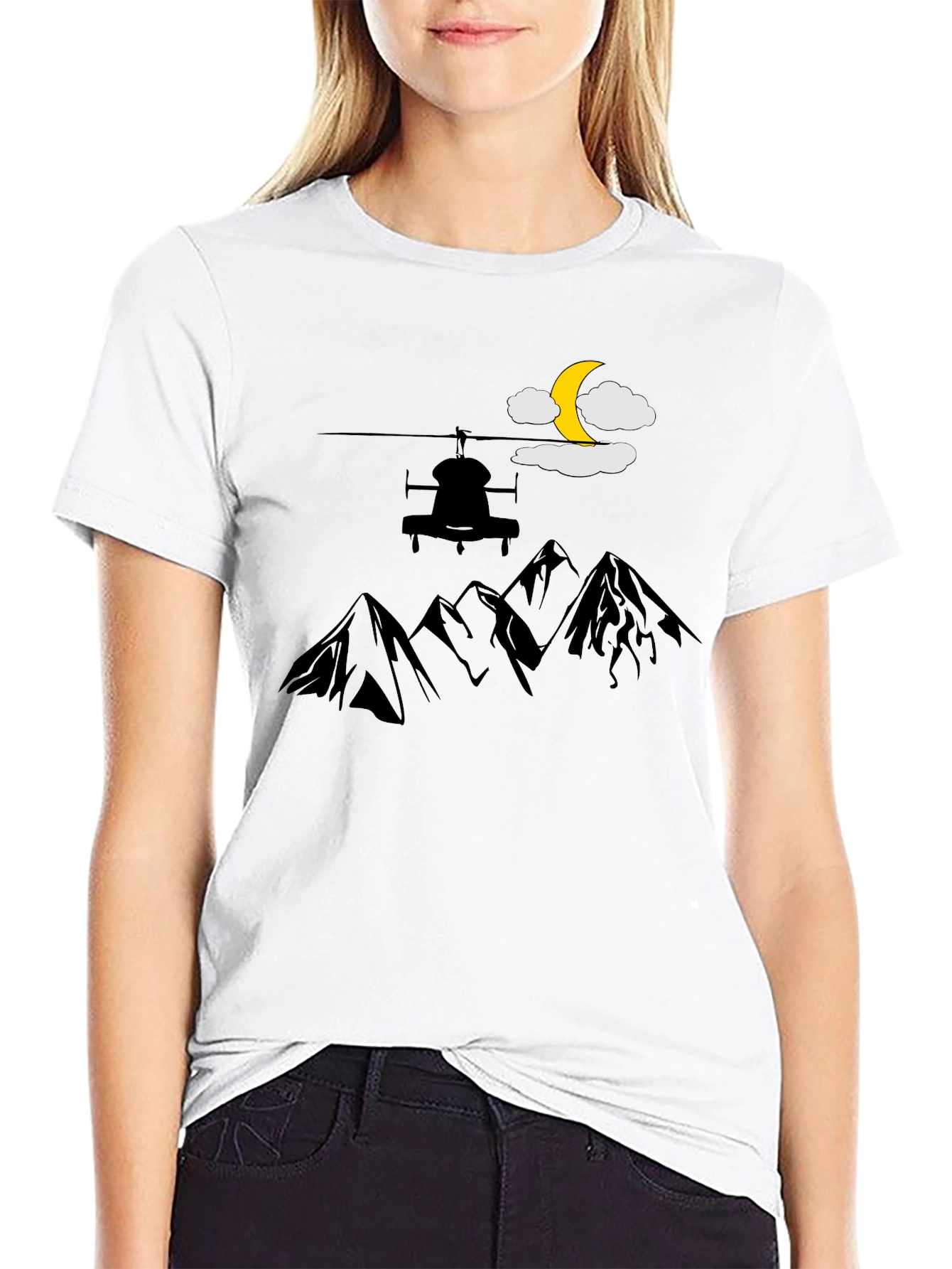 Mountains Helicopter Moon Graphic T-Shirt