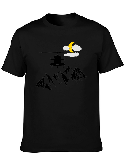 Mountains Helicopter Moon Graphic T-Shirt