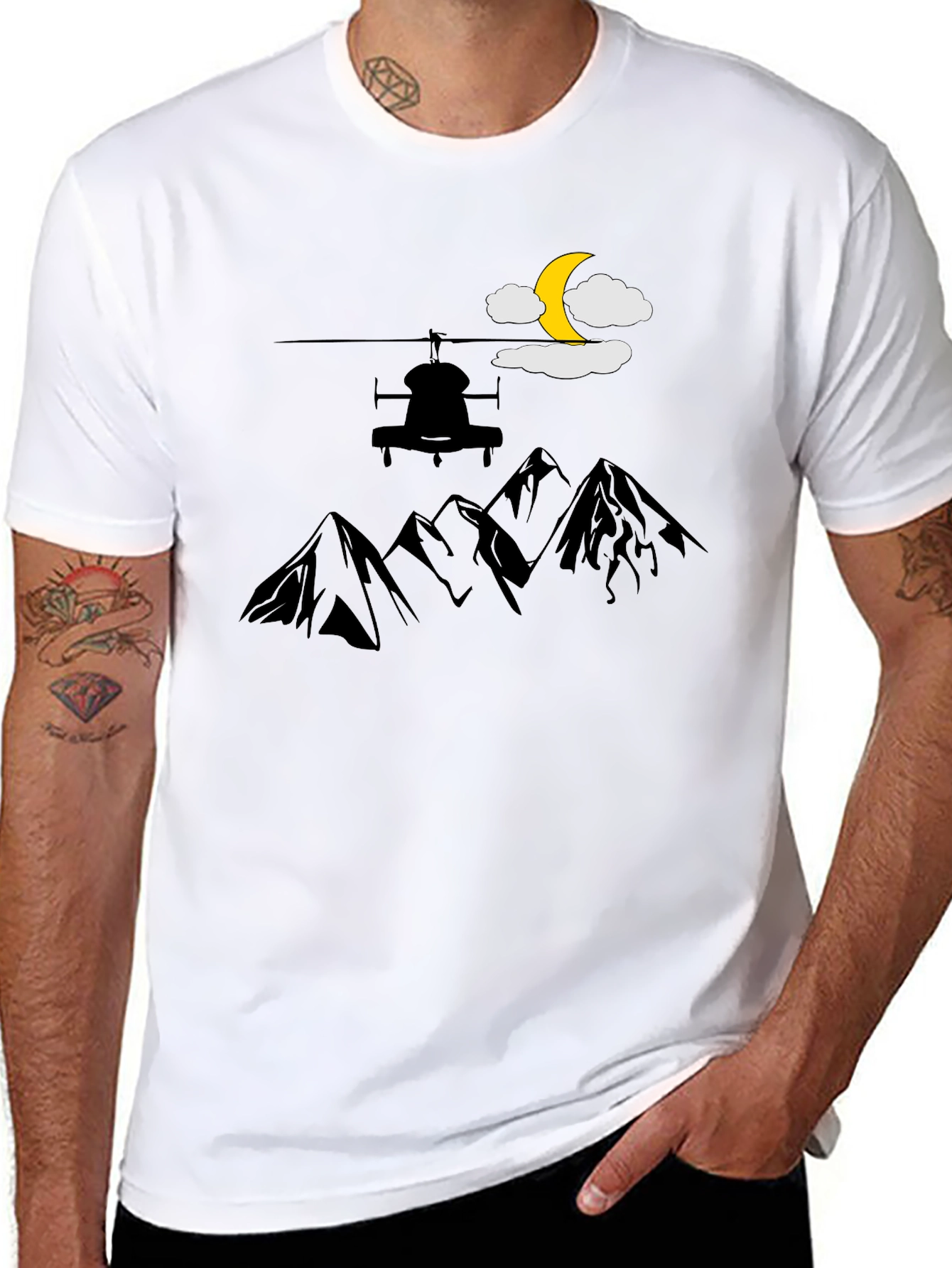 Mountains Helicopter Moon Graphic T-Shirt