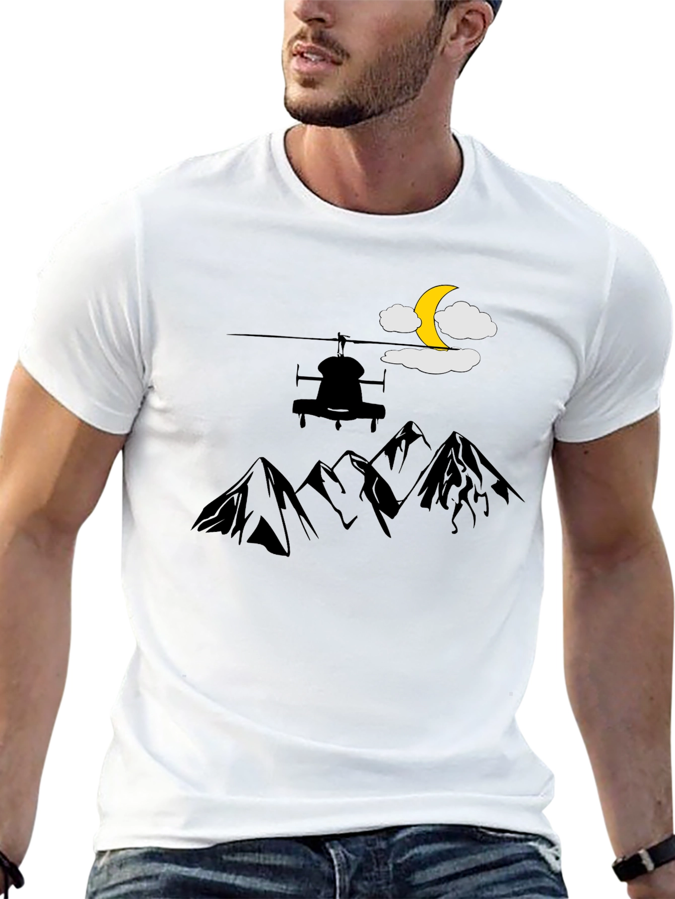 Mountains Helicopter Moon Graphic T-Shirt