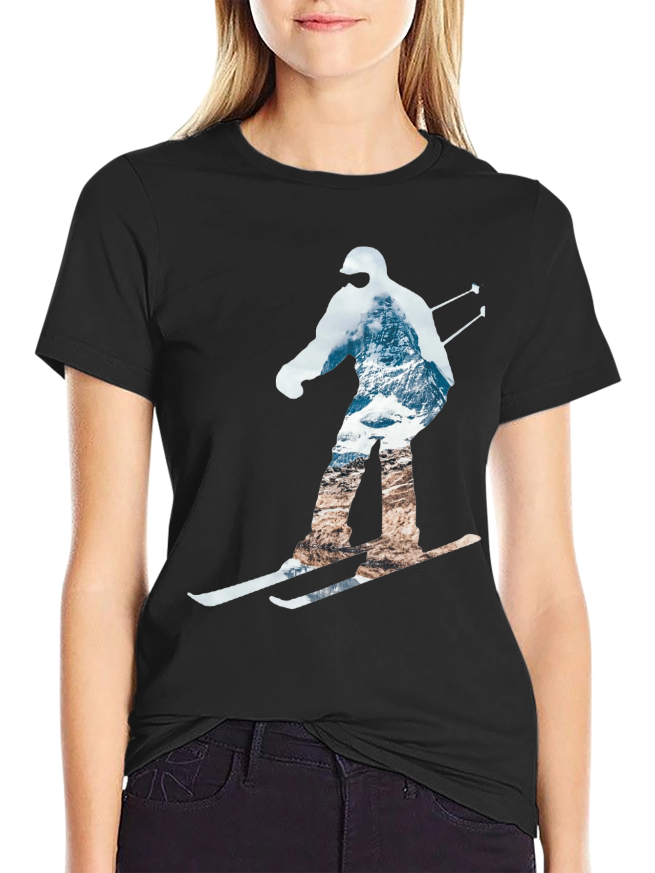 Mountain Skiing Graphic Tee - Black Cotton Comfort
