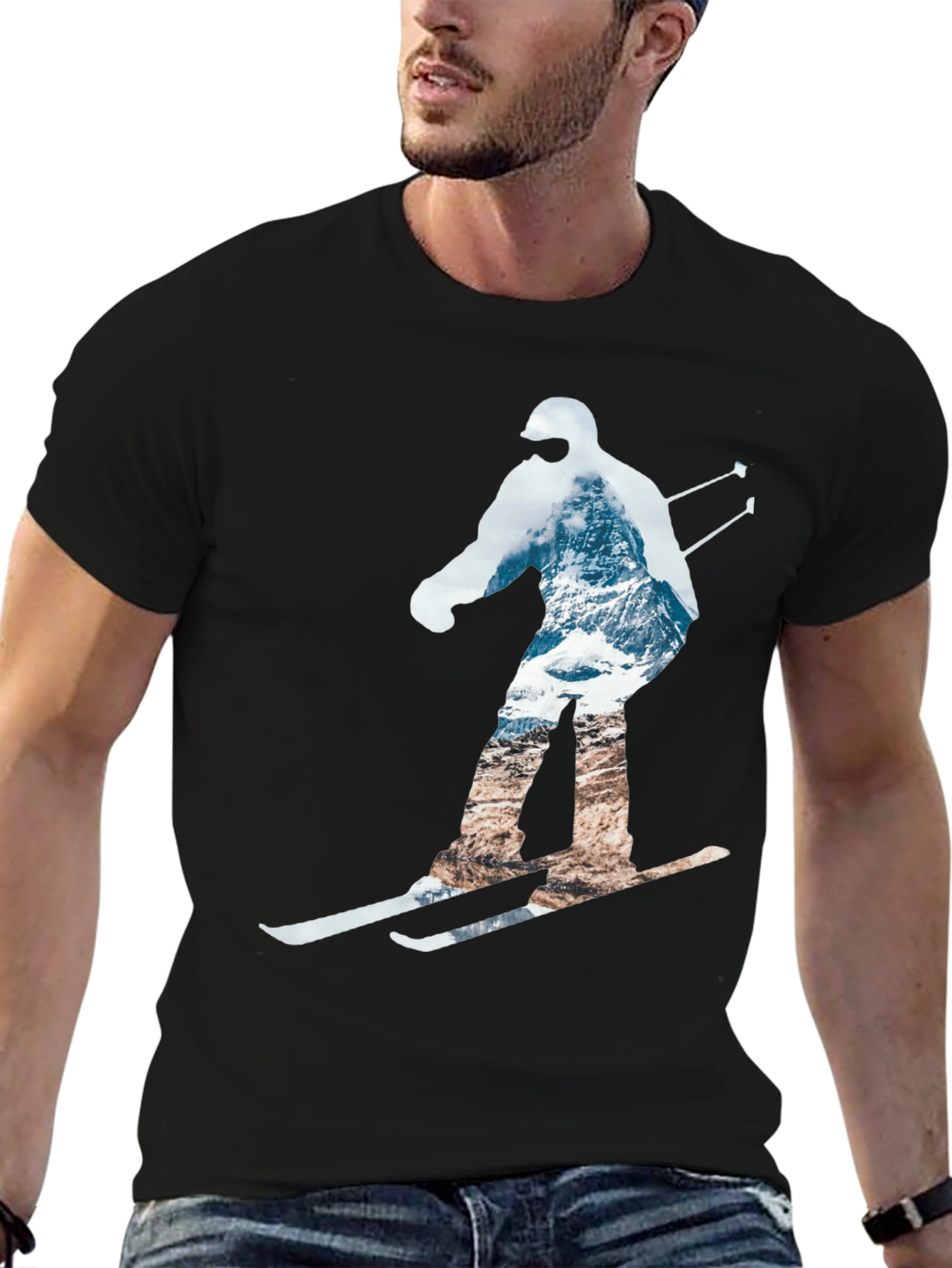 Mountain Skiing Graphic Tee - Black Cotton Comfort
