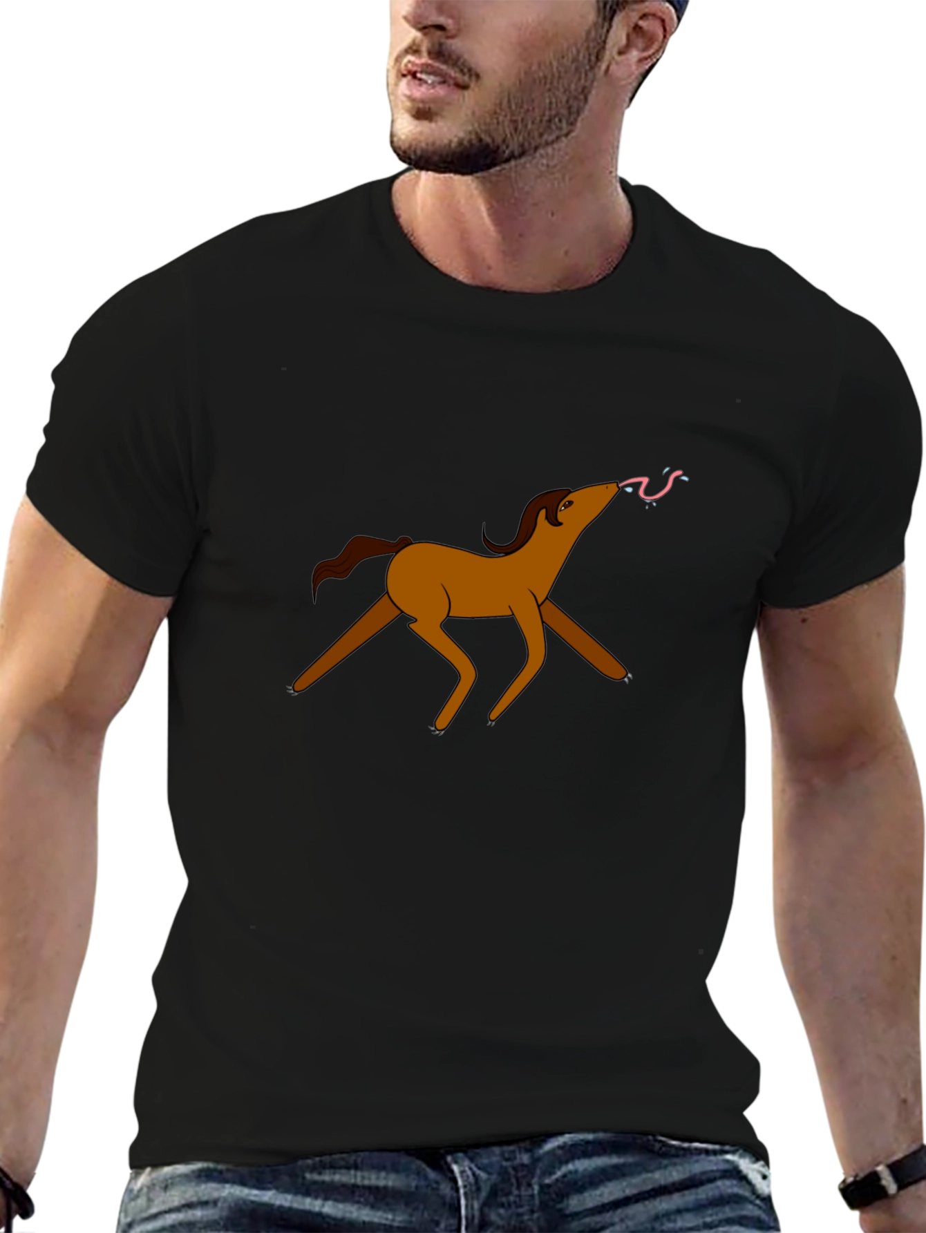 Cartoon Horse Graphic Tee - Black