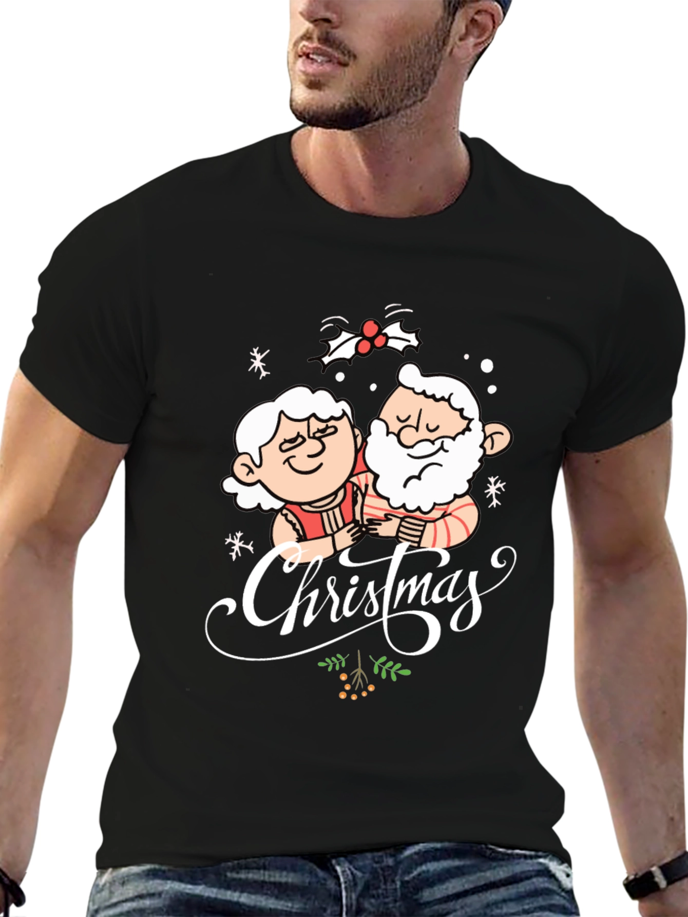 Christmas Santa Couple Black T-Shirt