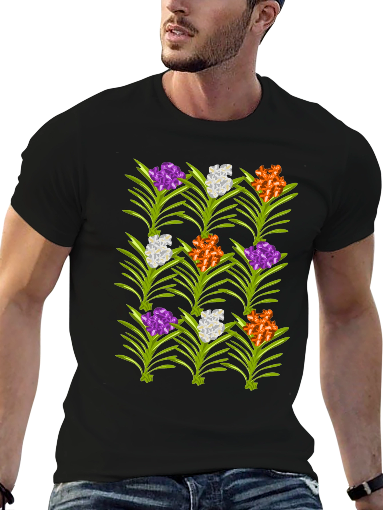 Floral Pattern Mens Black T-Shirt