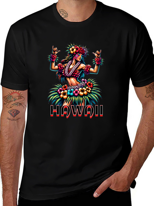 Hawaii Hula Girl Graphic Print Black T-Shirt
