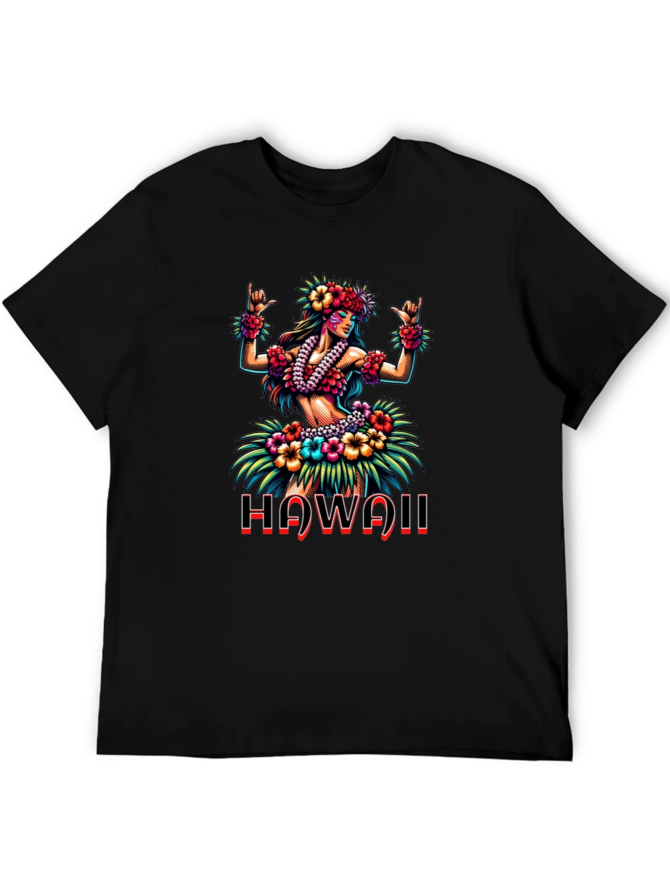 Hawaii Hula Girl Graphic Print Black T-Shirt