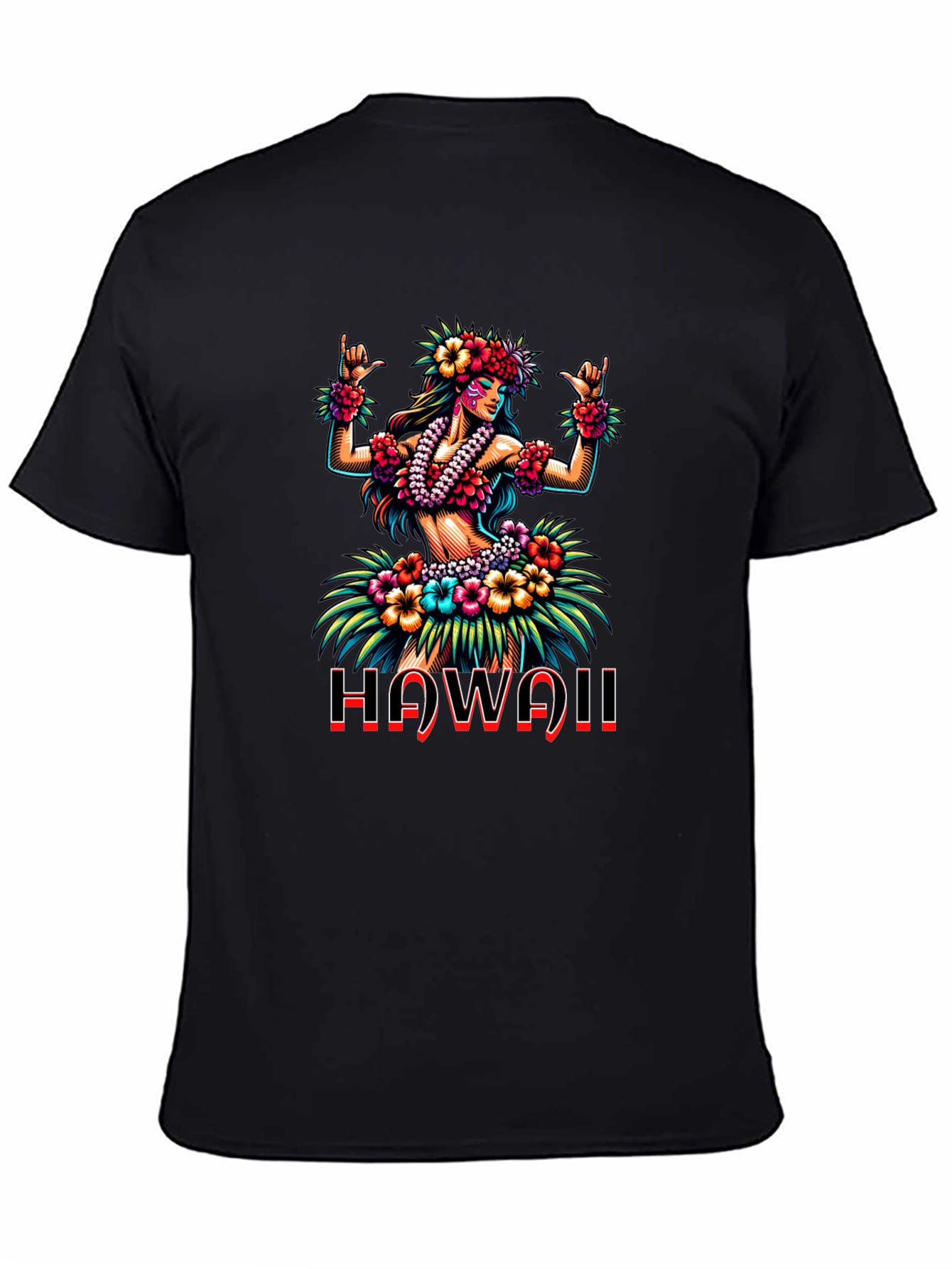 Hawaii Hula Girl Graphic Print Black T-Shirt