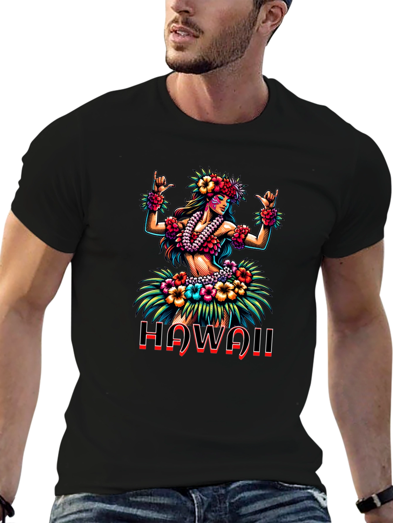 Hawaii Hula Girl Graphic Print Black T-Shirt