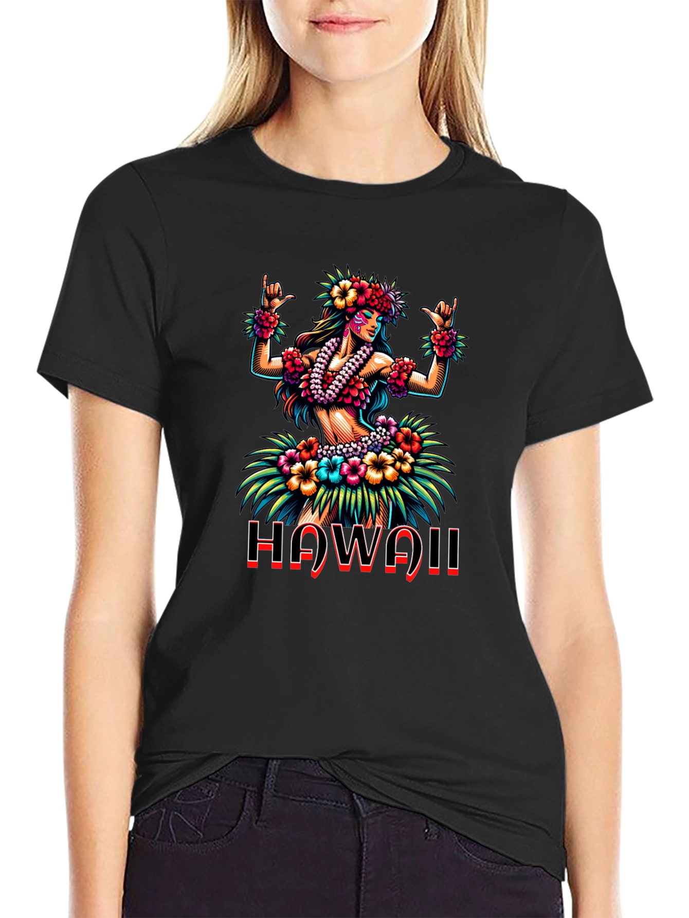 Hawaii Hula Girl Graphic Print Black T-Shirt