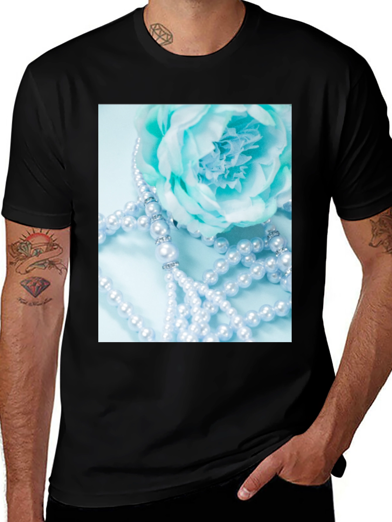 Elegant Floral Pearl T-Shirt - Black