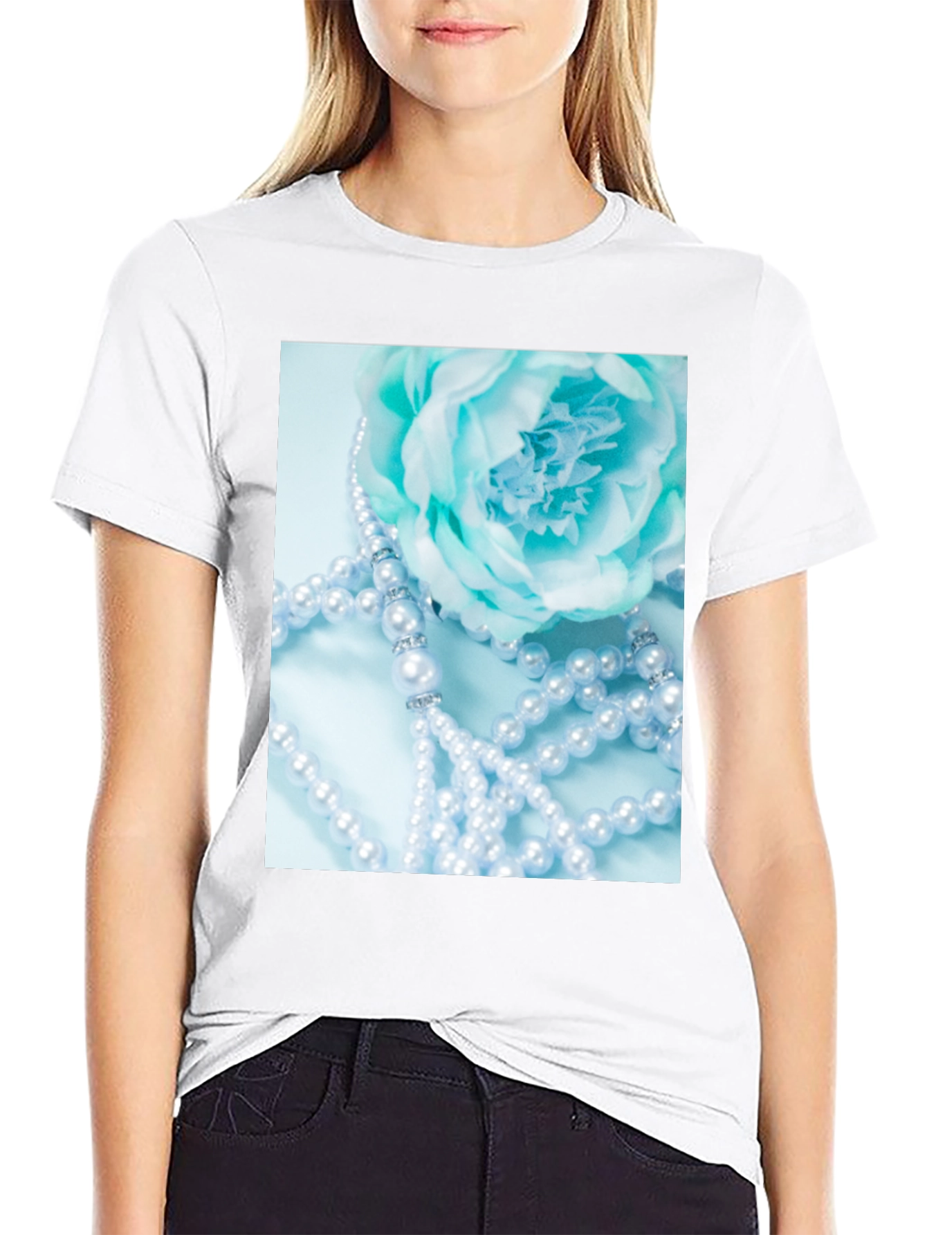 Elegant Floral Pearl T-Shirt - Black