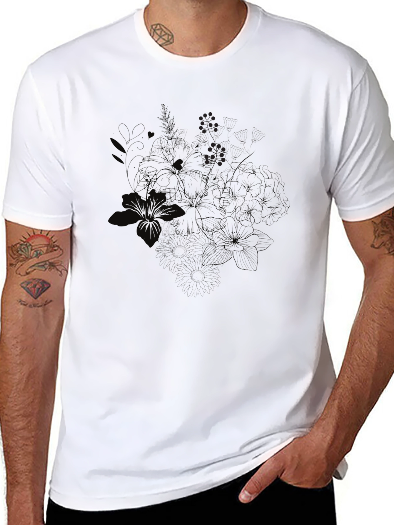 Black Floral Print Crew Neck T-Shirt